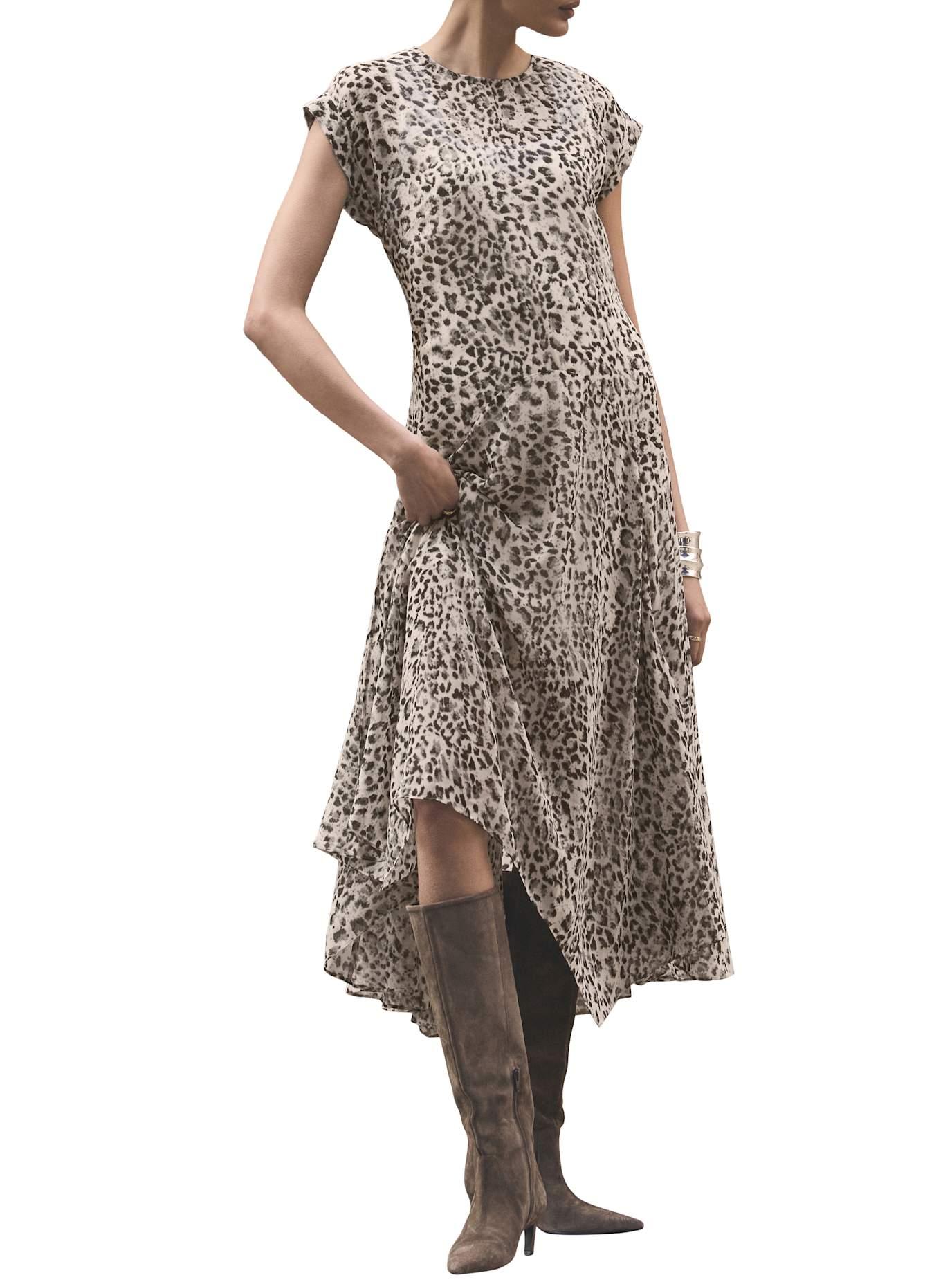 Mint Velvet Leopard Print Cap Sleeve Midi Dress in Natural