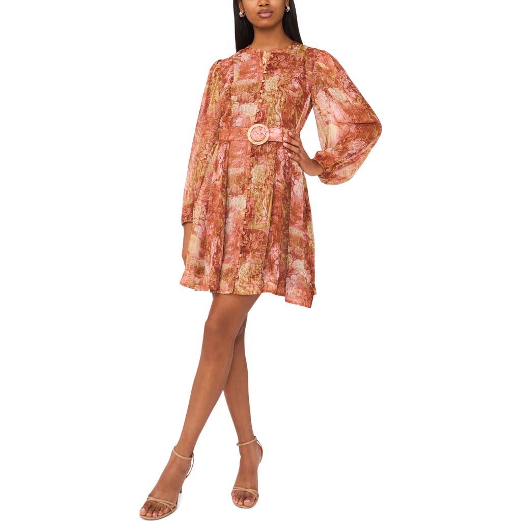 Halogen® Floral Long Sleeve Belted A-Line Dress in Orange