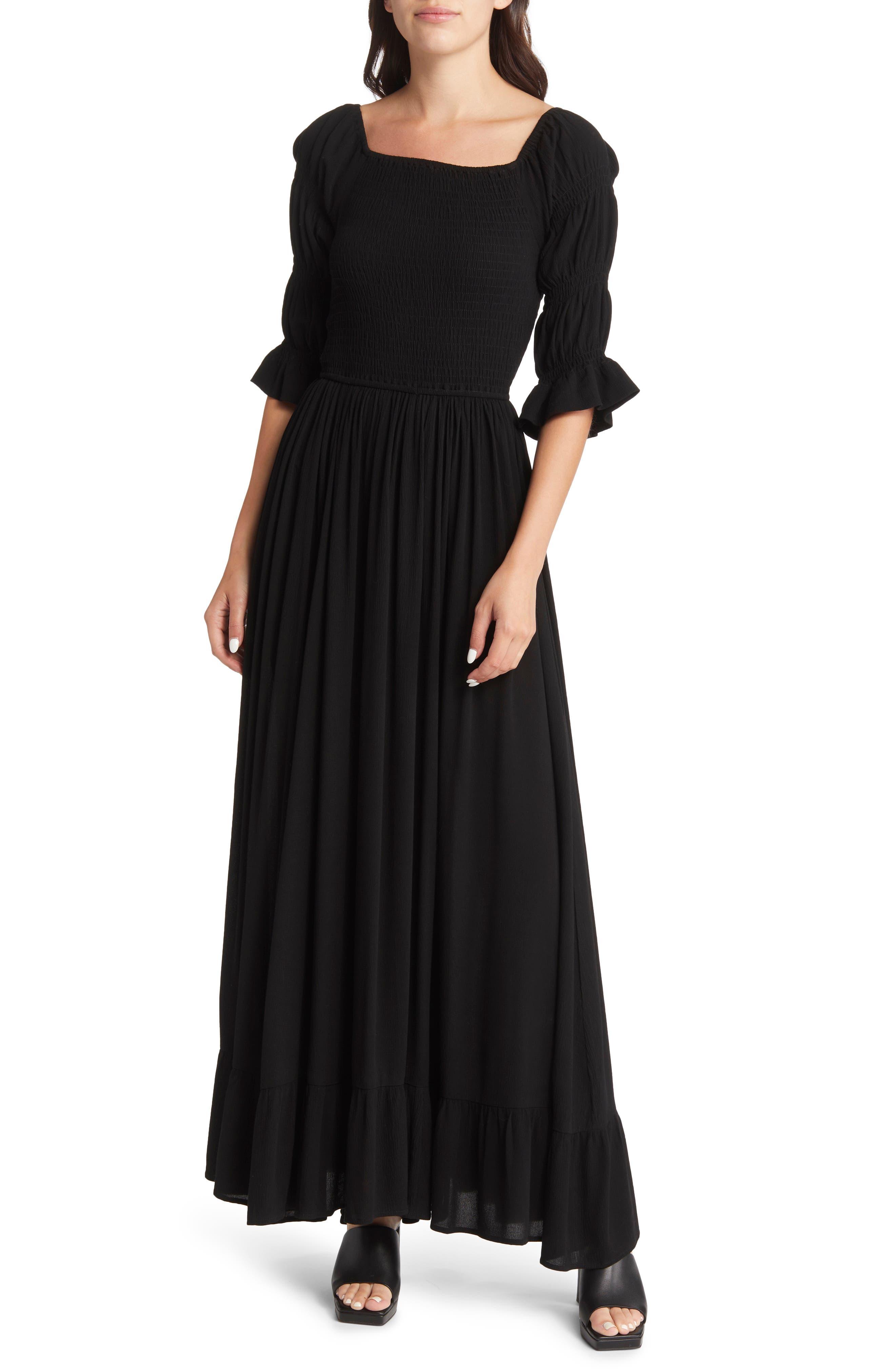 AREA STARS Smocked Bodice Maxi Dress in Black | Lyst
