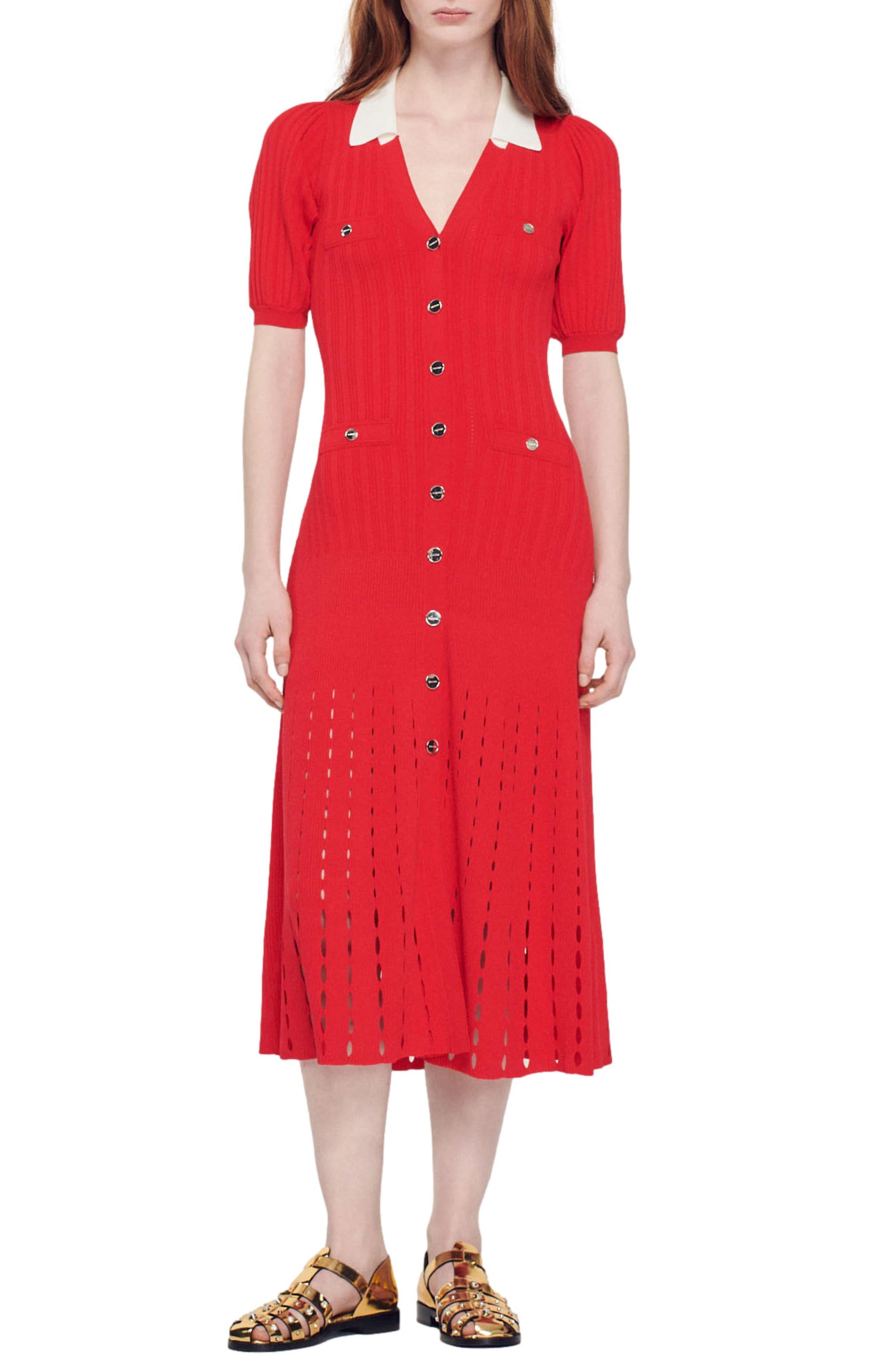 Sandro Teane Pointelle Stitch Sweater Dress in Red Lyst