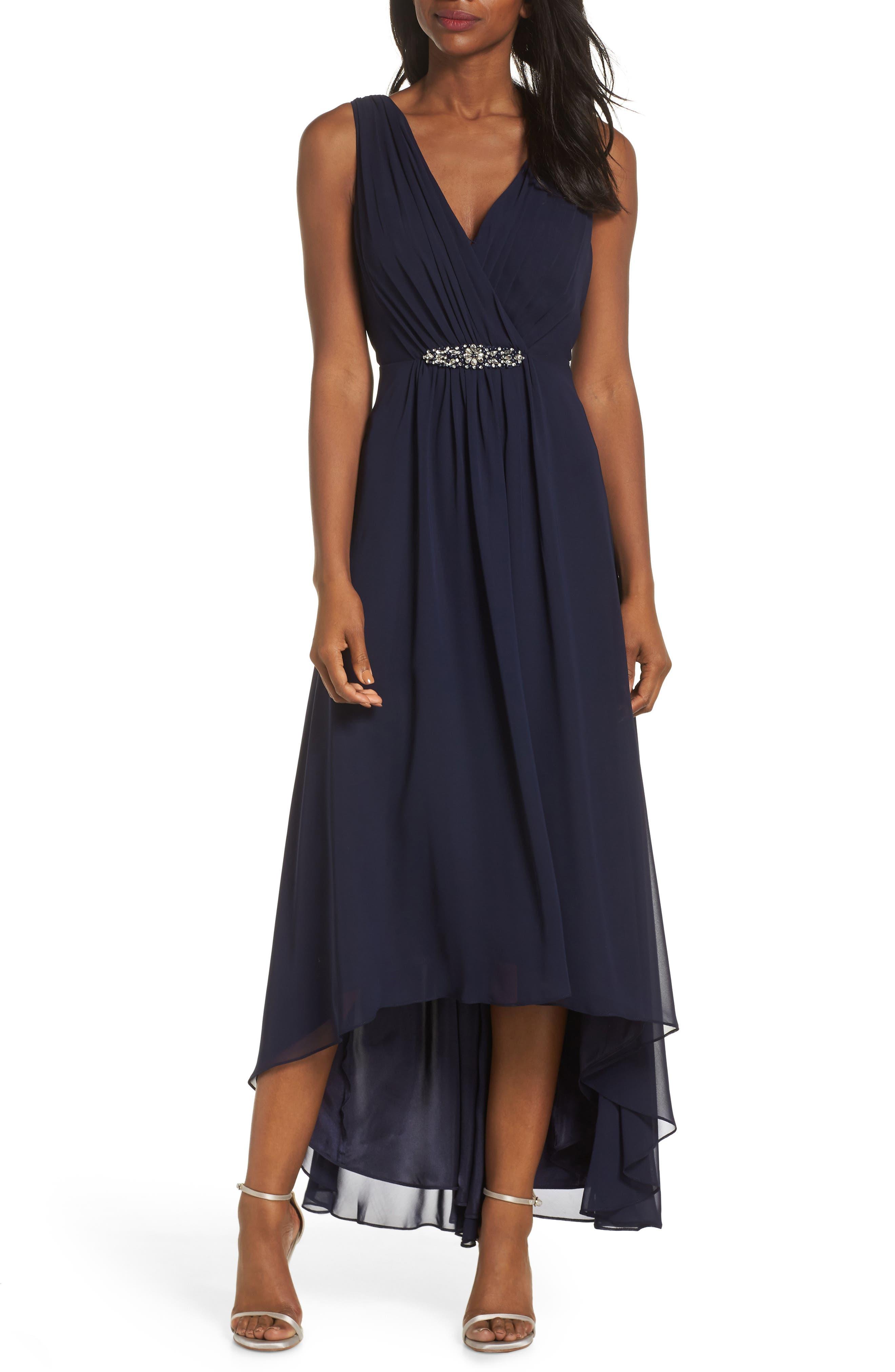 Eliza J Embellished High/low Chiffon Dress in Navy (Blue) | Lyst