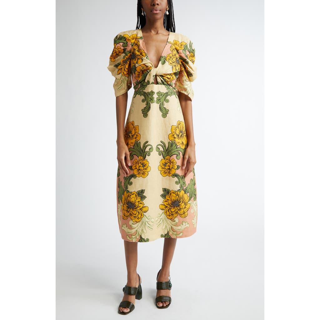 FARM Rio Delicate Flower Arabesques Linen Midi Dress in Yellow Lyst