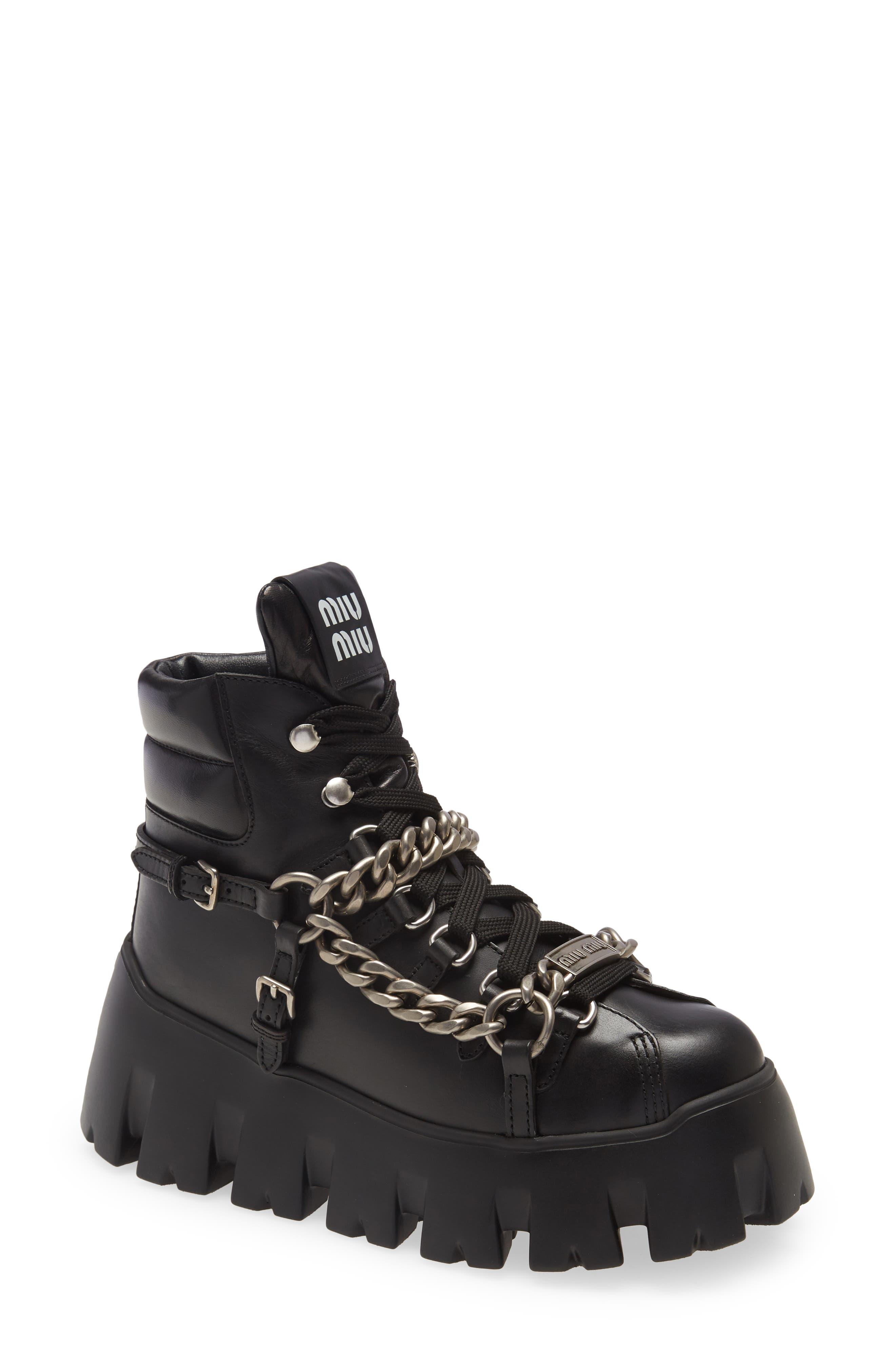 Miu Miu Chain Platform Hiker Boot in Black | Lyst