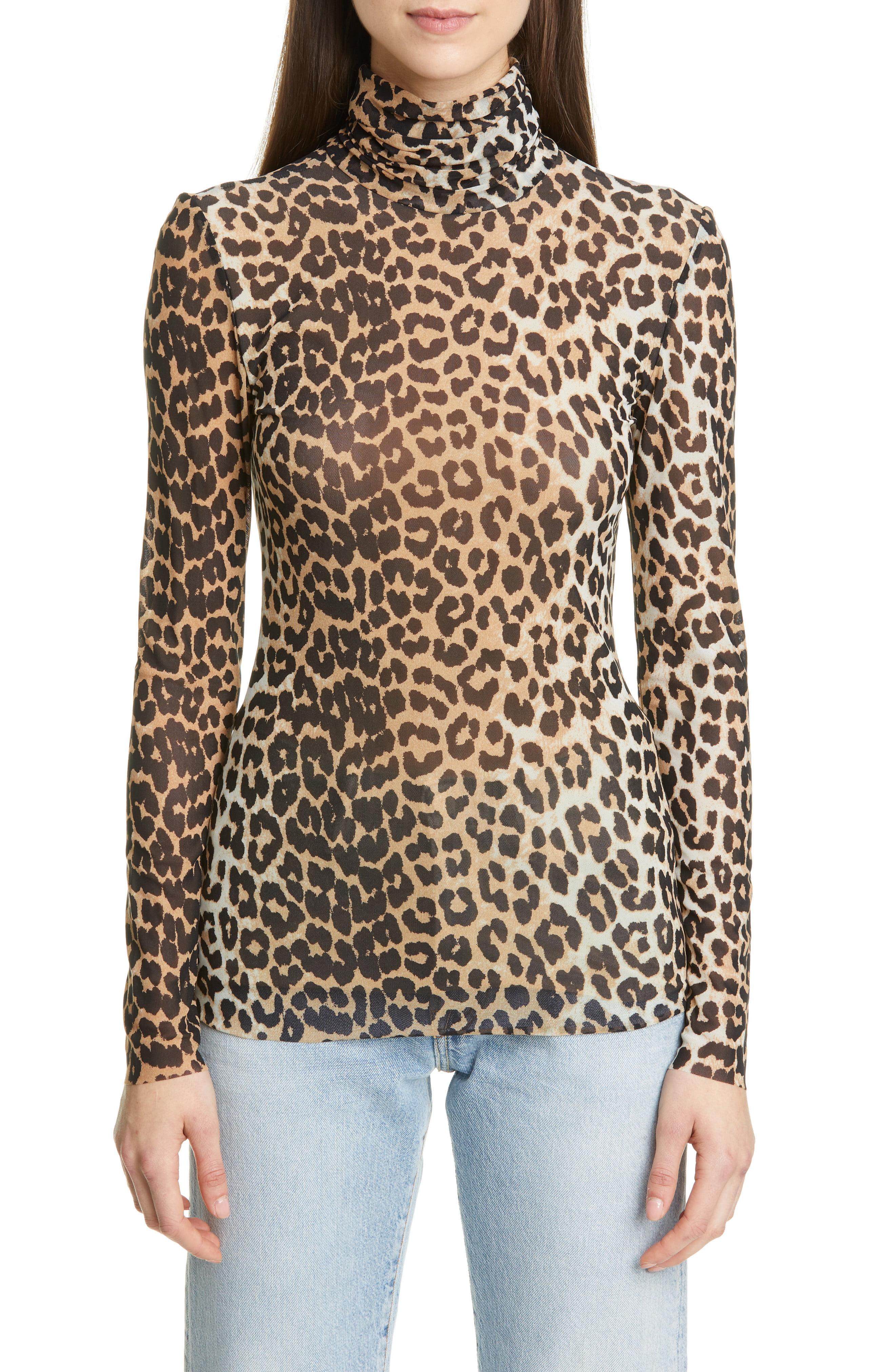 Ganni Synthetic Printed Mesh Leopard Turtleneck in Brown - Lyst