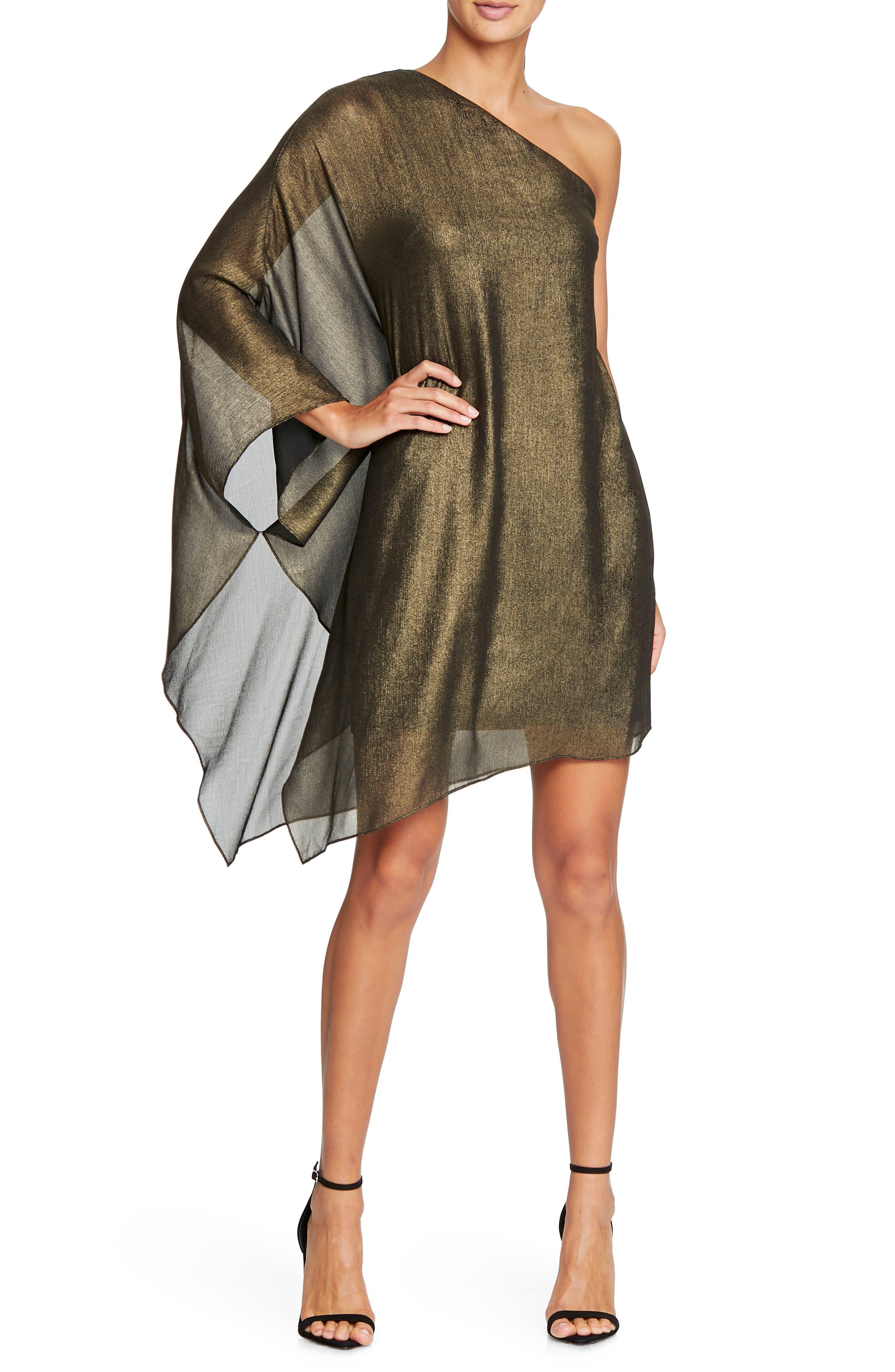 metallic one shoulder dress