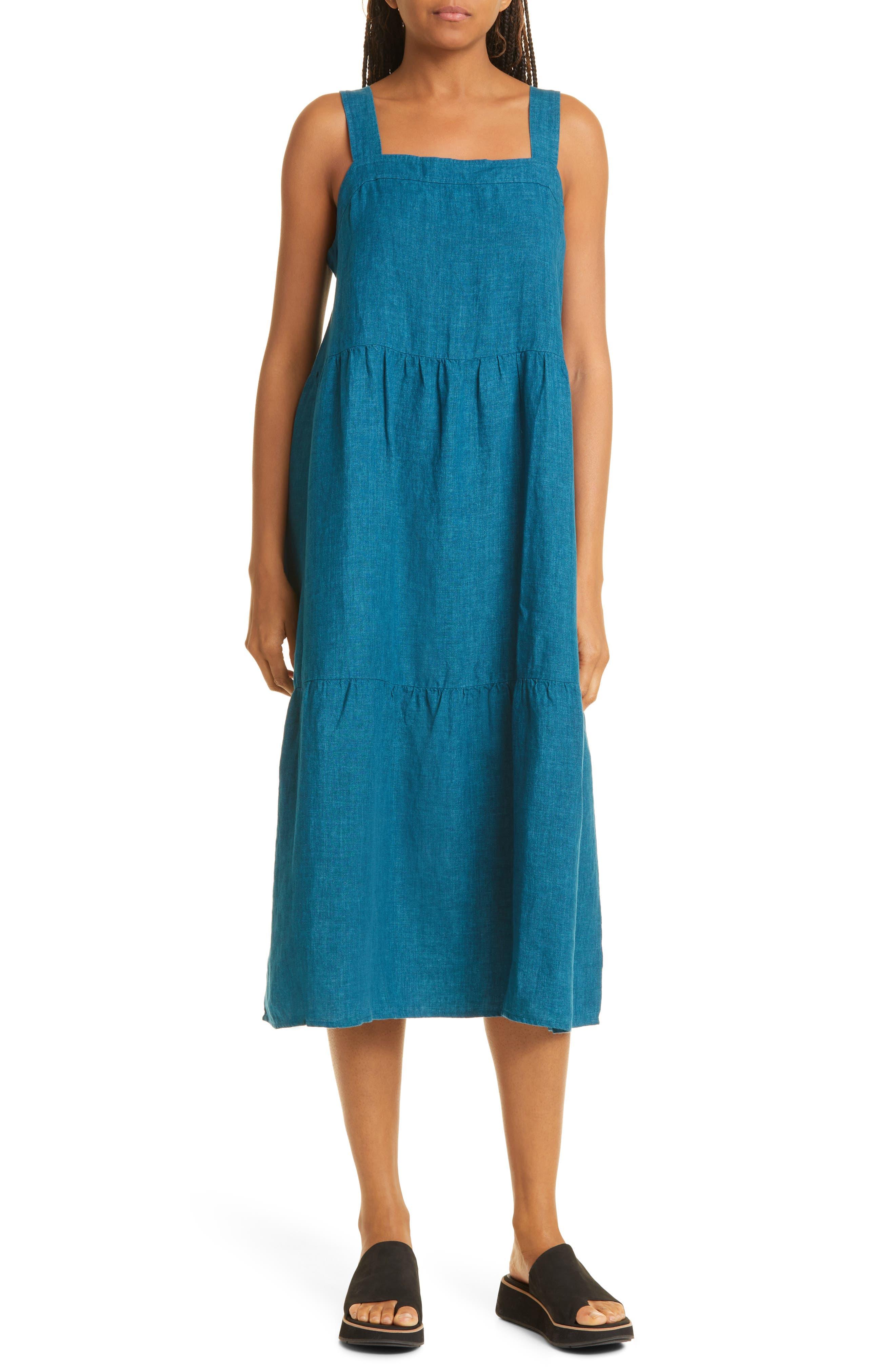 Eileen Fisher Tiered Organic Linen Midi Dress in Blue Lyst