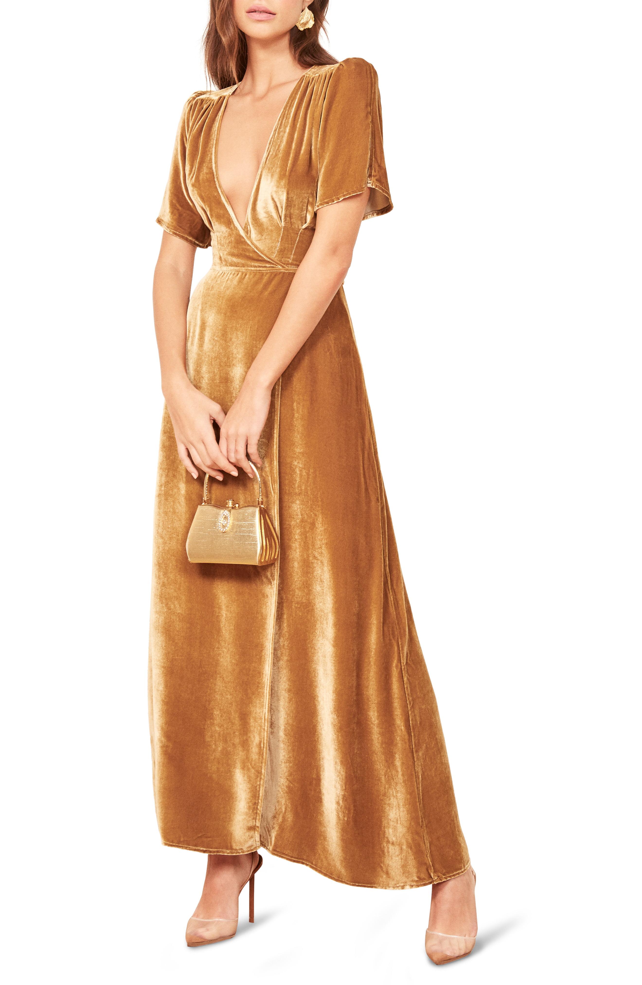 reformation gold velvet dress