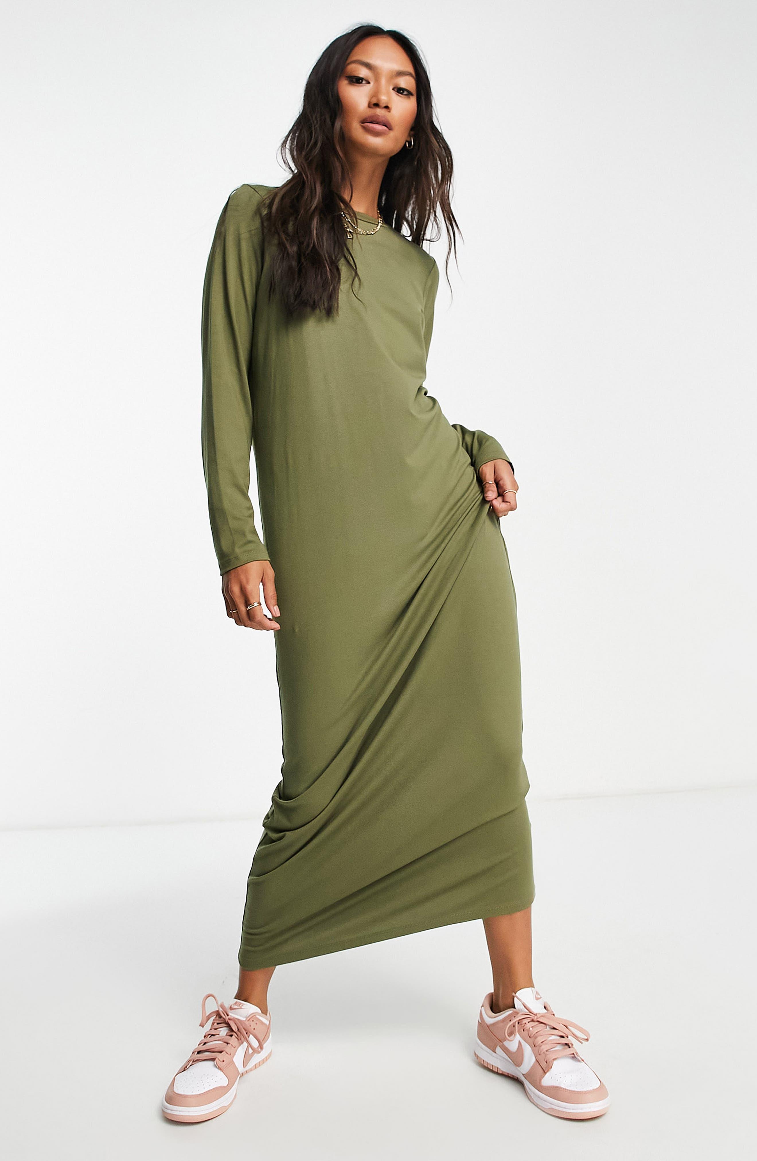 ASOS Long Sleeve T-shirt Maxi Dress in Green | Lyst
