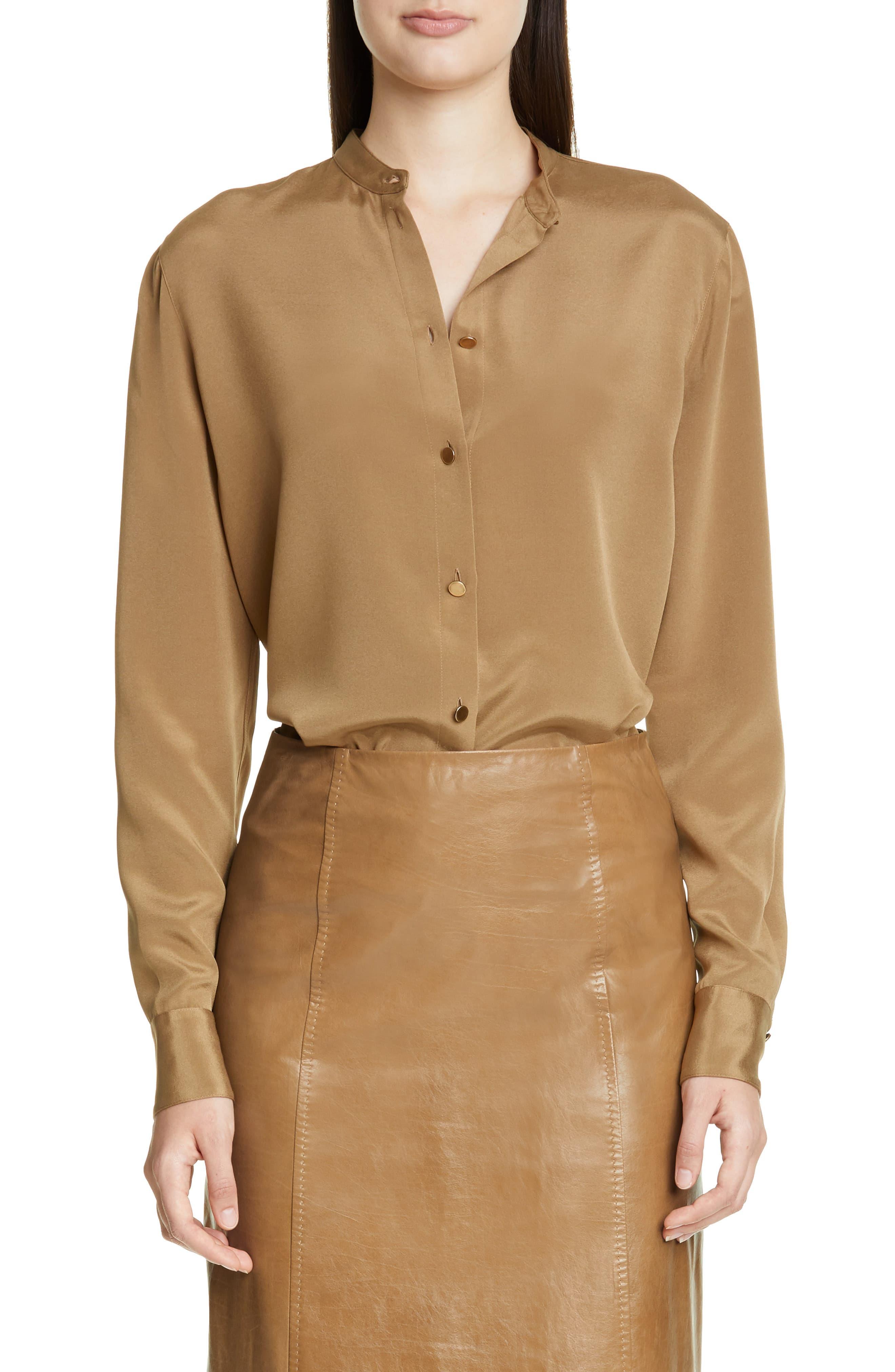 St. John Stretch Silk Crepe Blouse in Tobacco (Brown) - Lyst