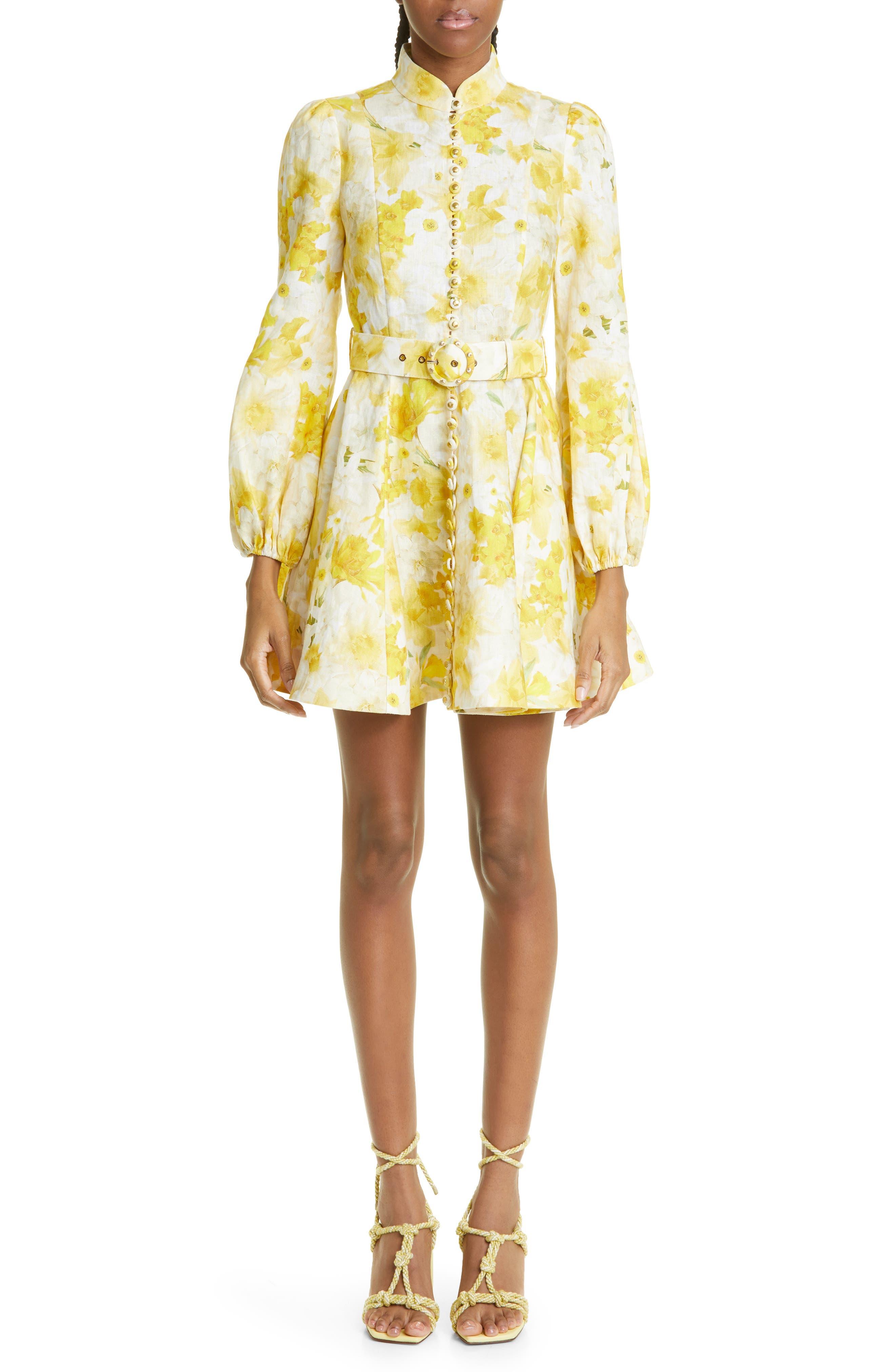 Zimmermann Wonderland Floral Long Sleeve Linen Dress in Yellow Lyst