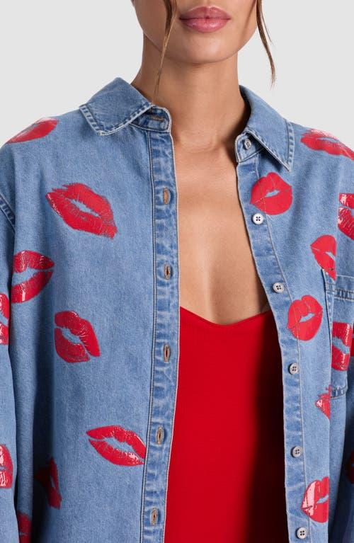 Alice + Olivia Kiss Print Denim Shirt Jacket in Red | Lyst