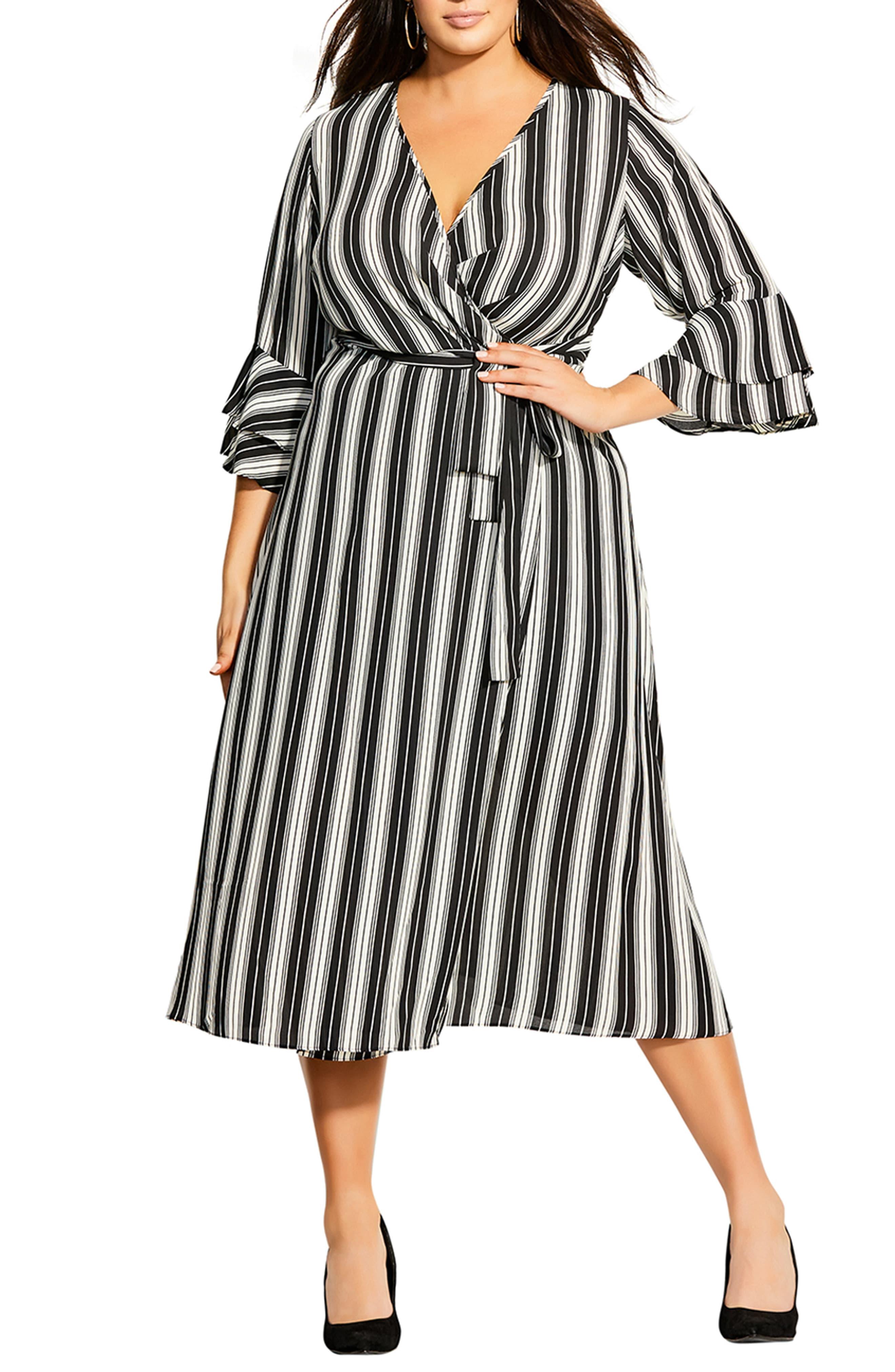 City Chic Synthetic Stripe Out Faux Wrap Midi Dress in Black - Lyst