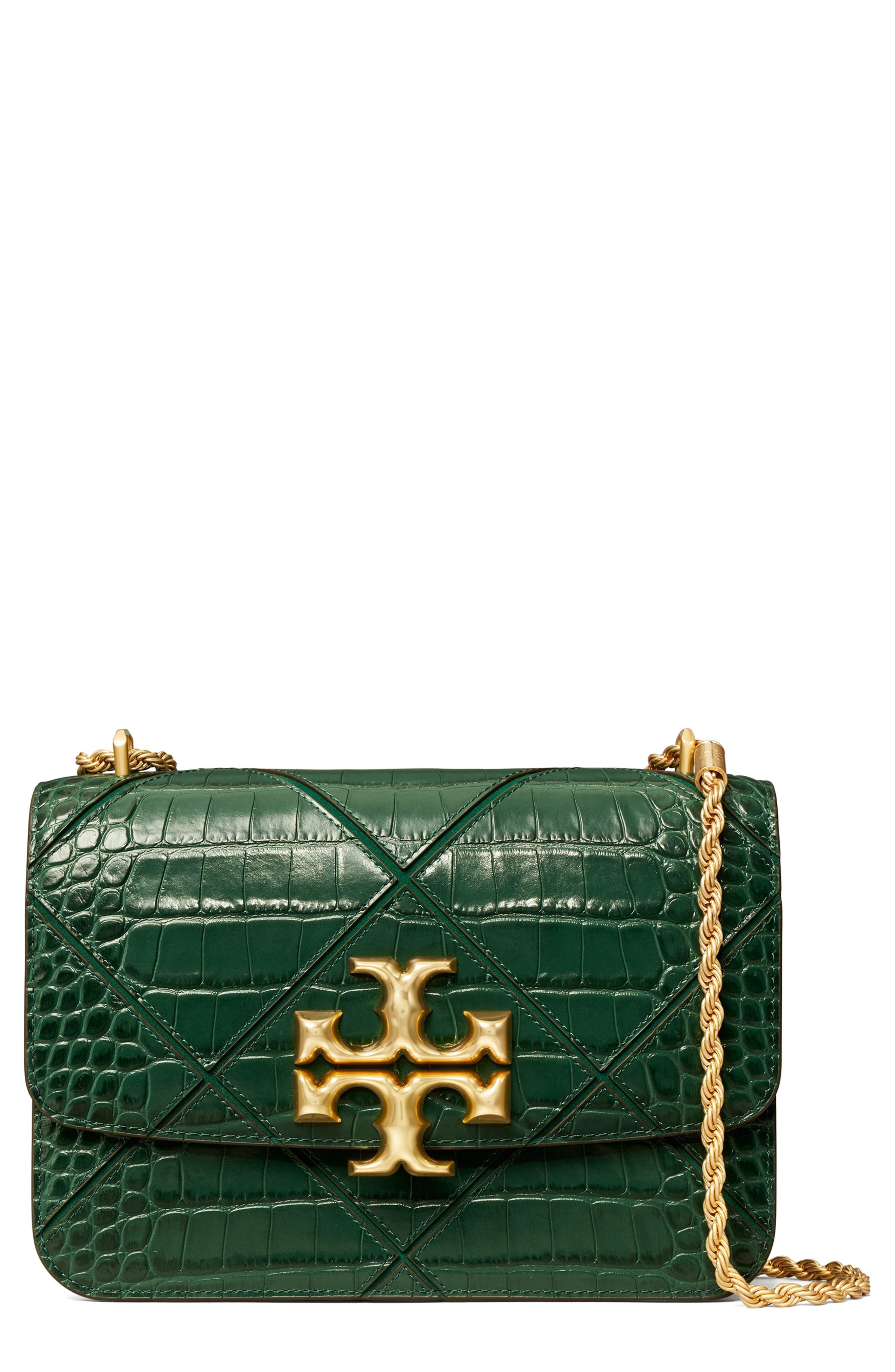 Tory Burch Eleanor Quilted Croc-embossed Leather Shoulder Bag in Green |  Lyst