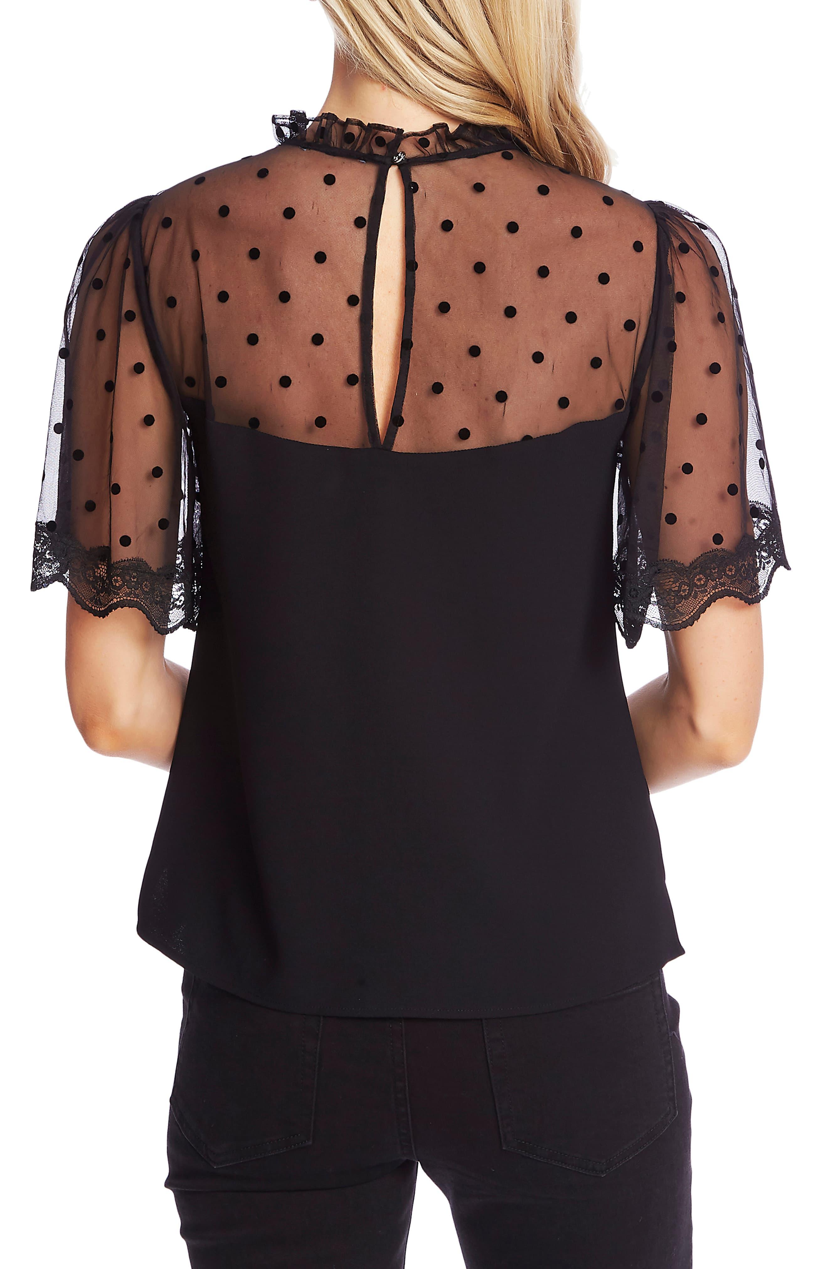 Cece Mixed Media Flocked Dot & Lace Blouse in Black - Lyst