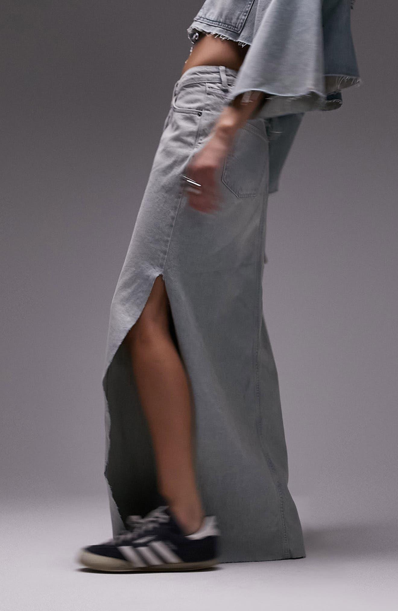 TOPSHOP Side Slit Denim Skirt in Gray | Lyst