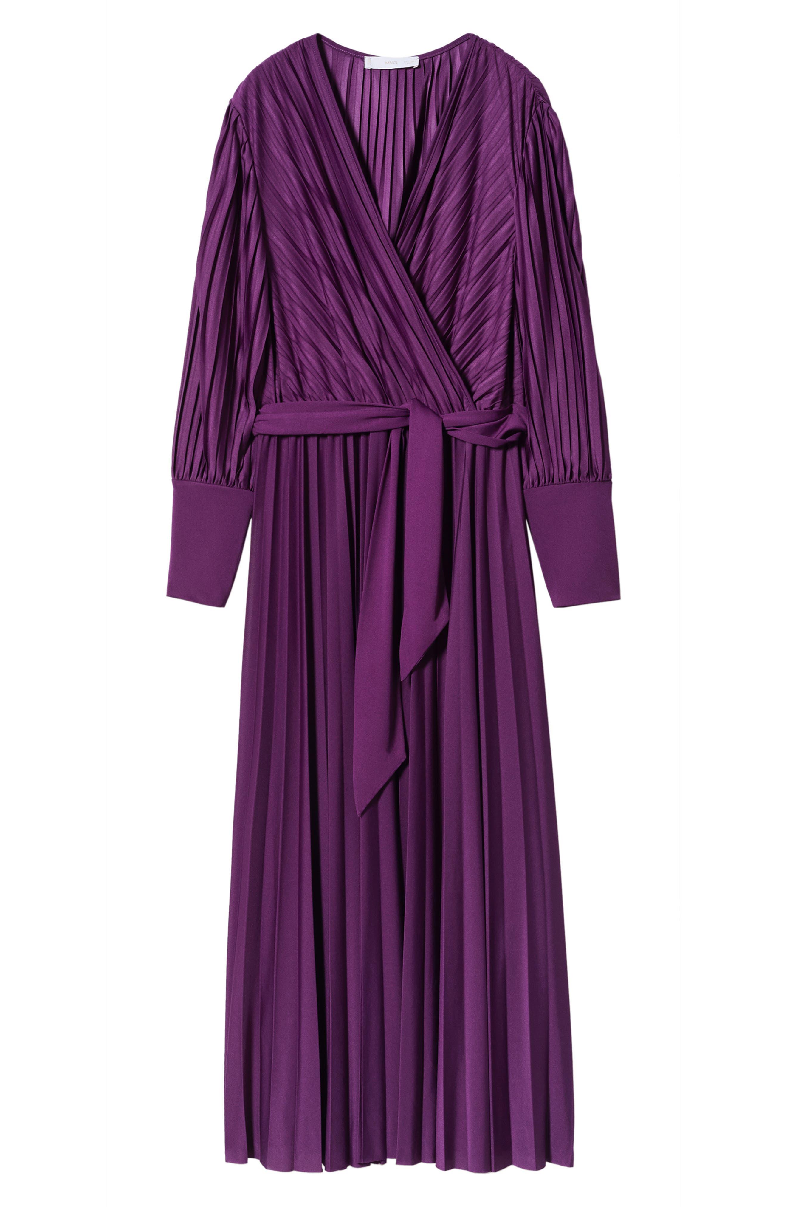 Mango Pleated Tie Waist Long Sleeve Maxi Dress in Purple | Lyst