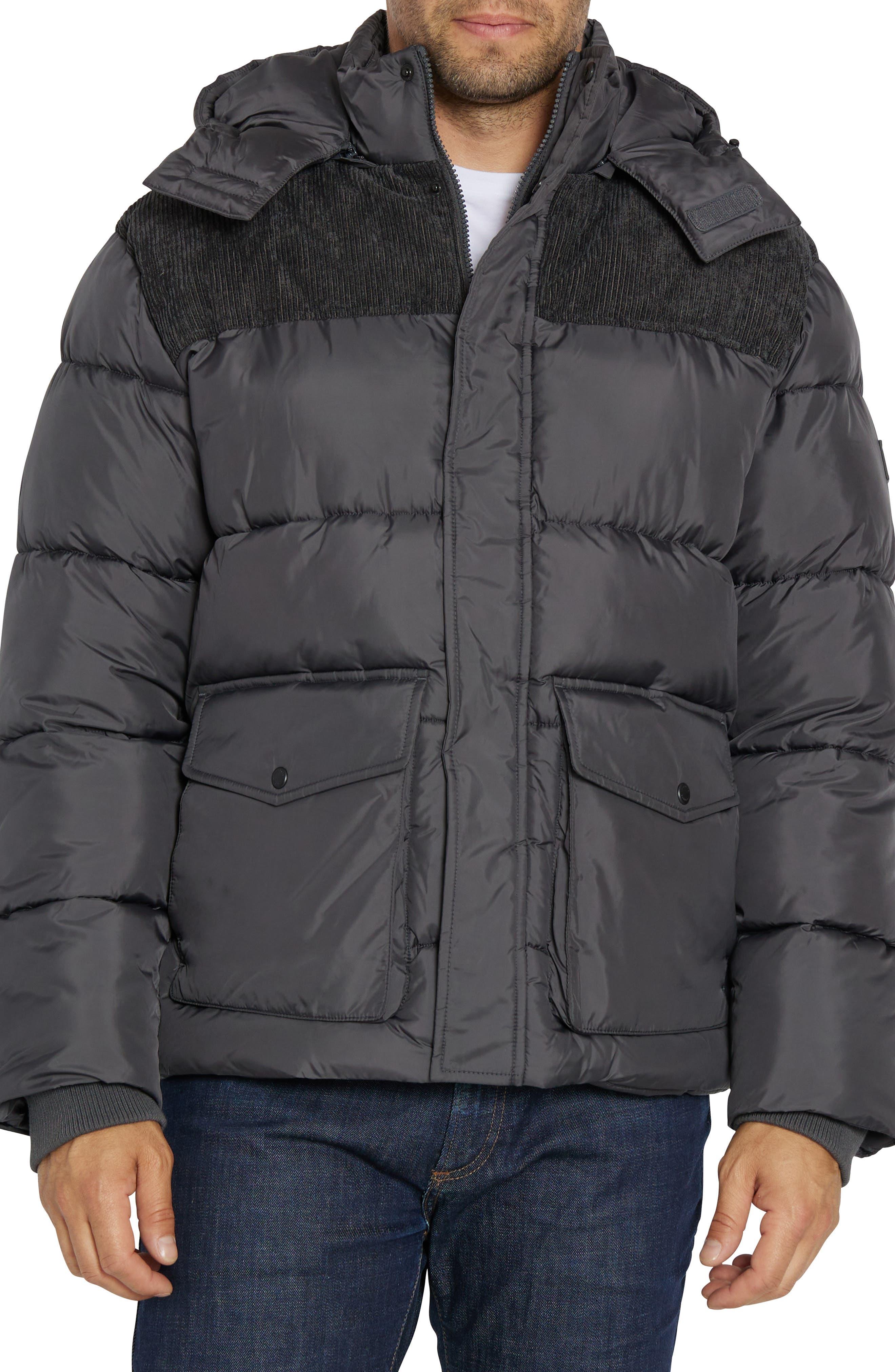 Sean John Water Resistant Mixed Media Puffer Coat With Removable Hood