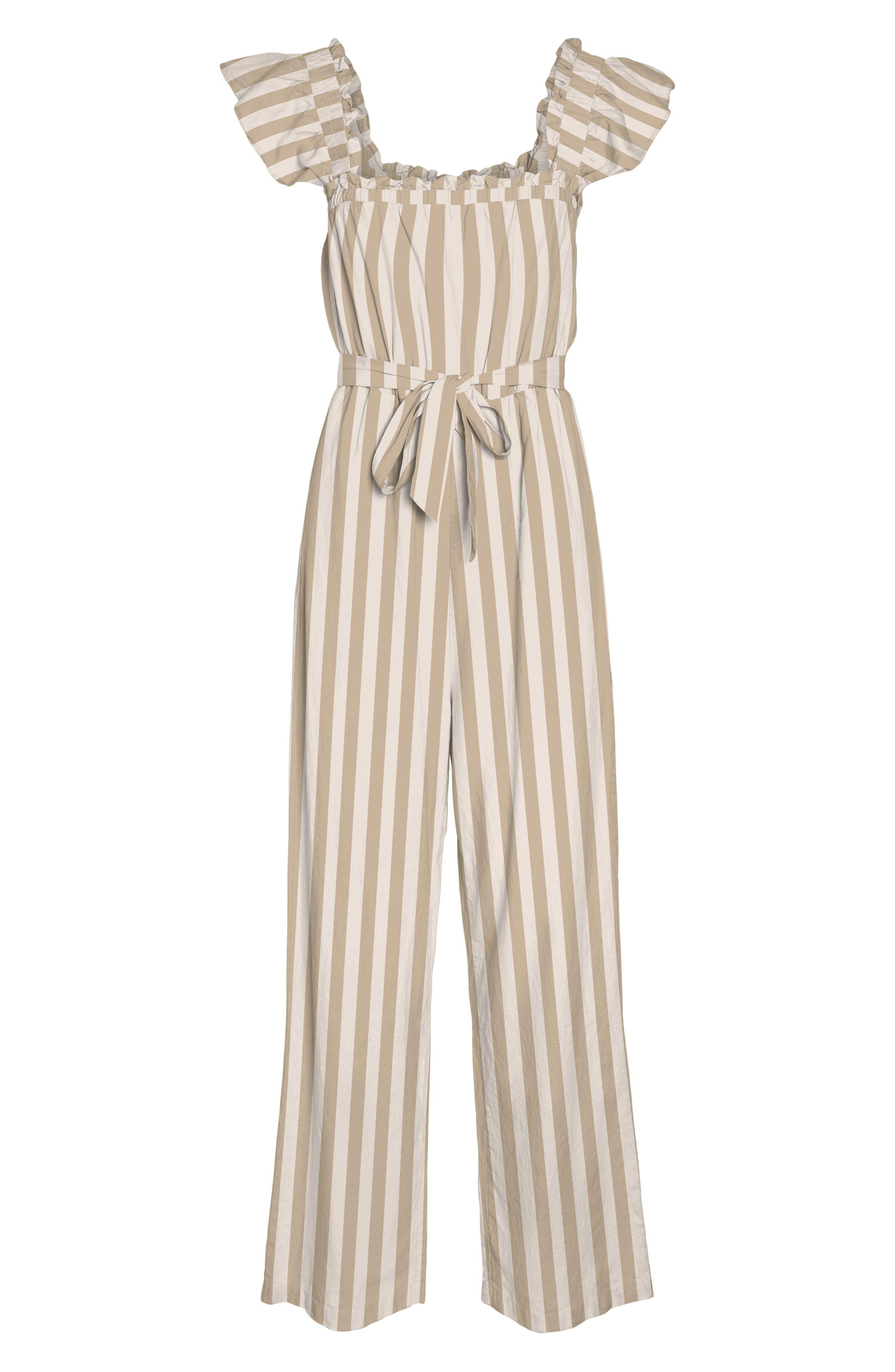 Vero Moda Stripe Ruffle Sleeve Linen & Cotton Jumpsuit in Natural | Lyst