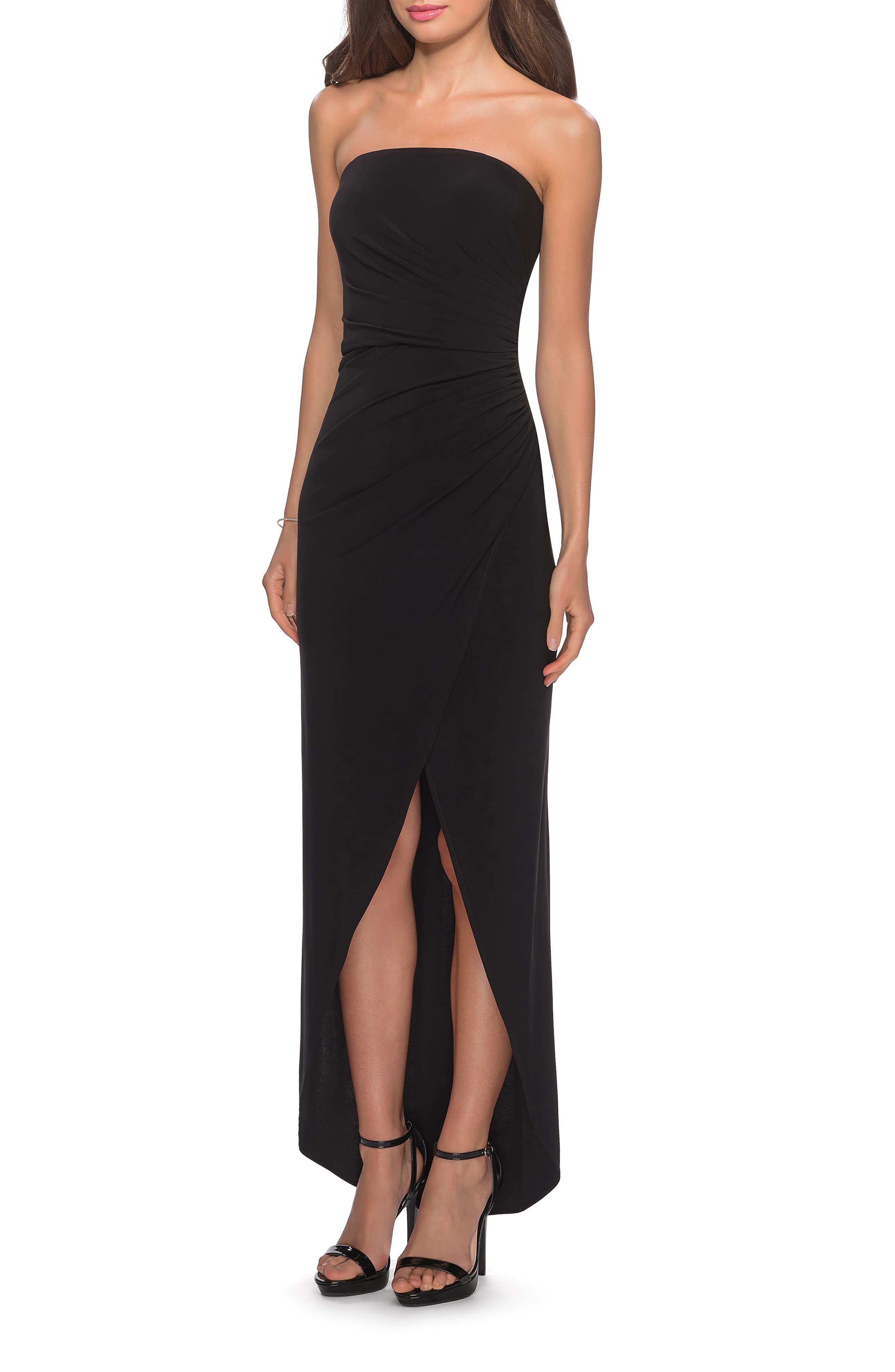 La Femme Strapless Ruched Soft Jersey Gown in Black - Lyst