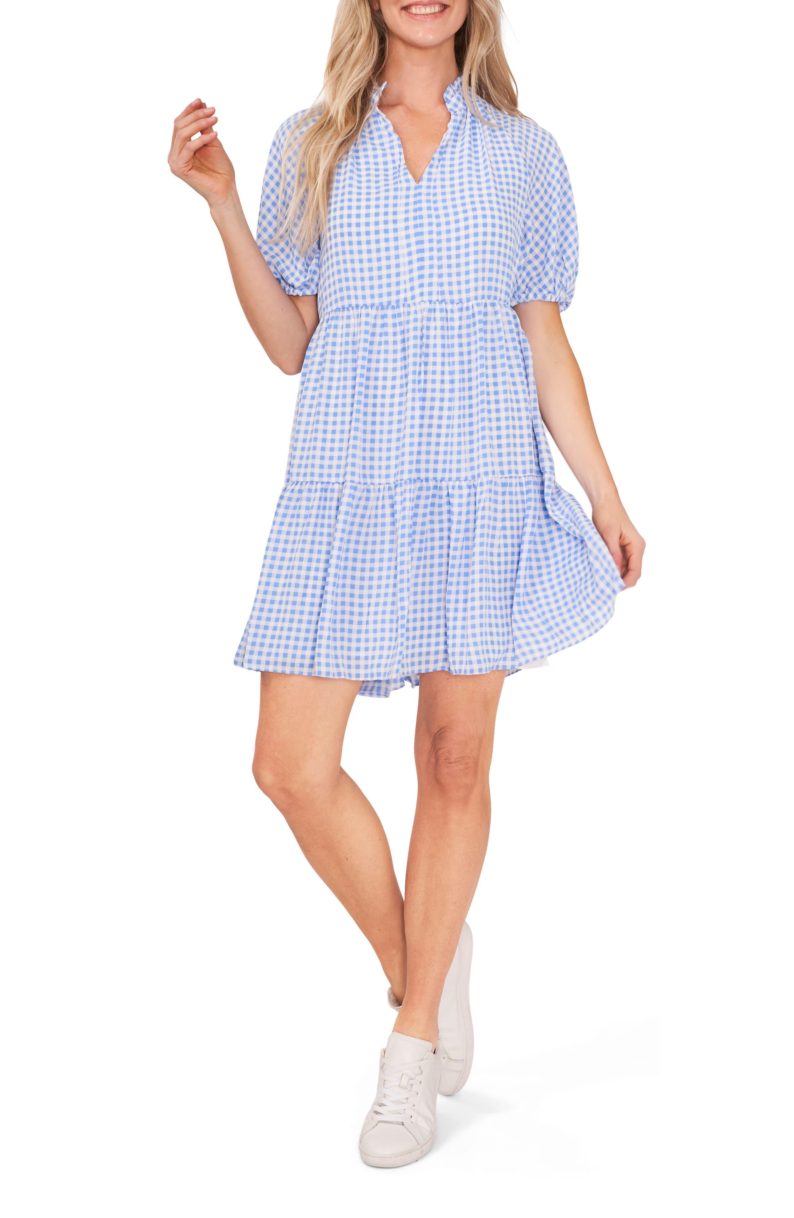Cece Gingham Print Babydoll Dress in Blue Lyst