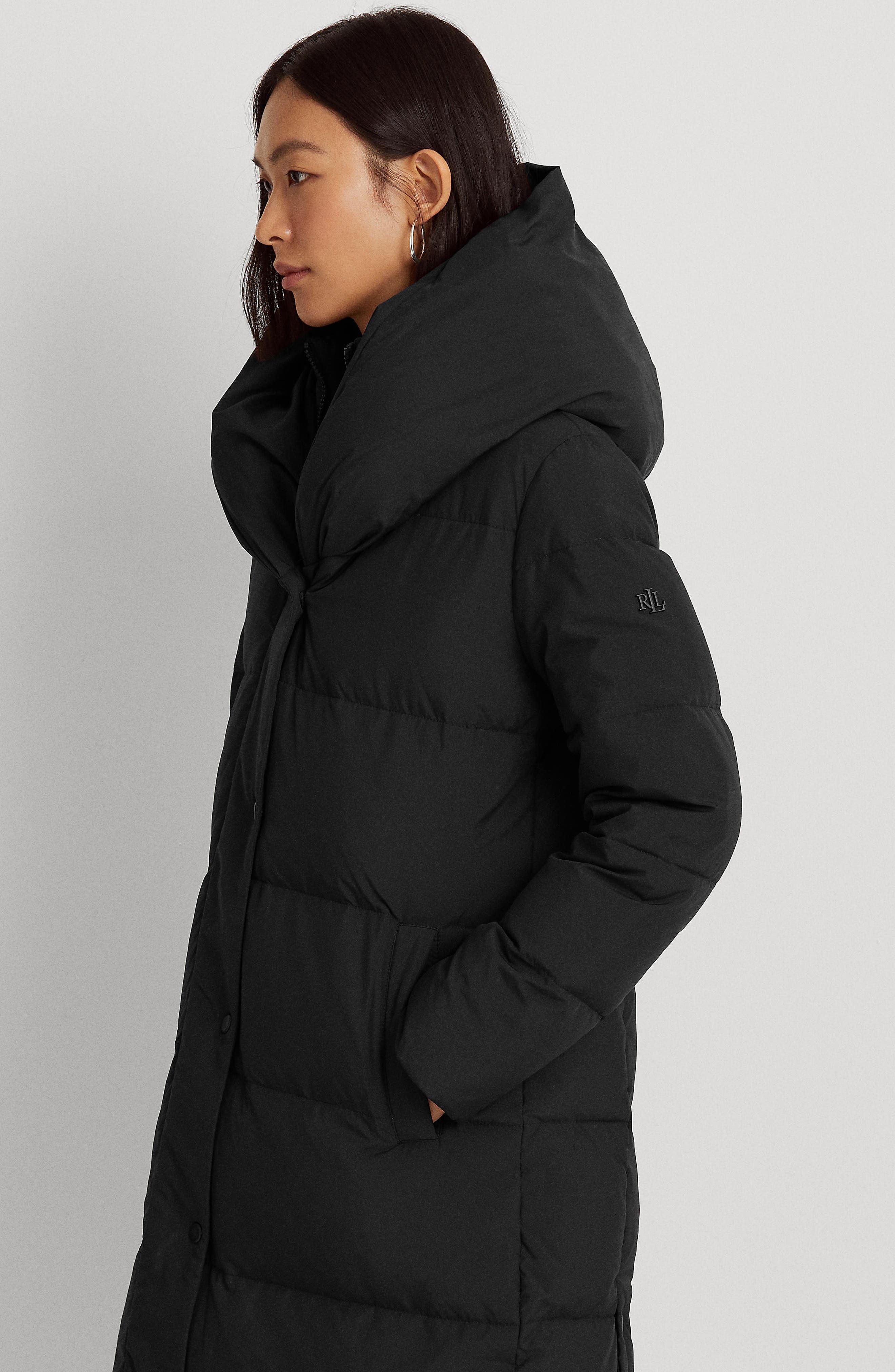 Lauren by Ralph Lauren Pillow Collar Hooded Down & Feather Puffer Coat in  Black