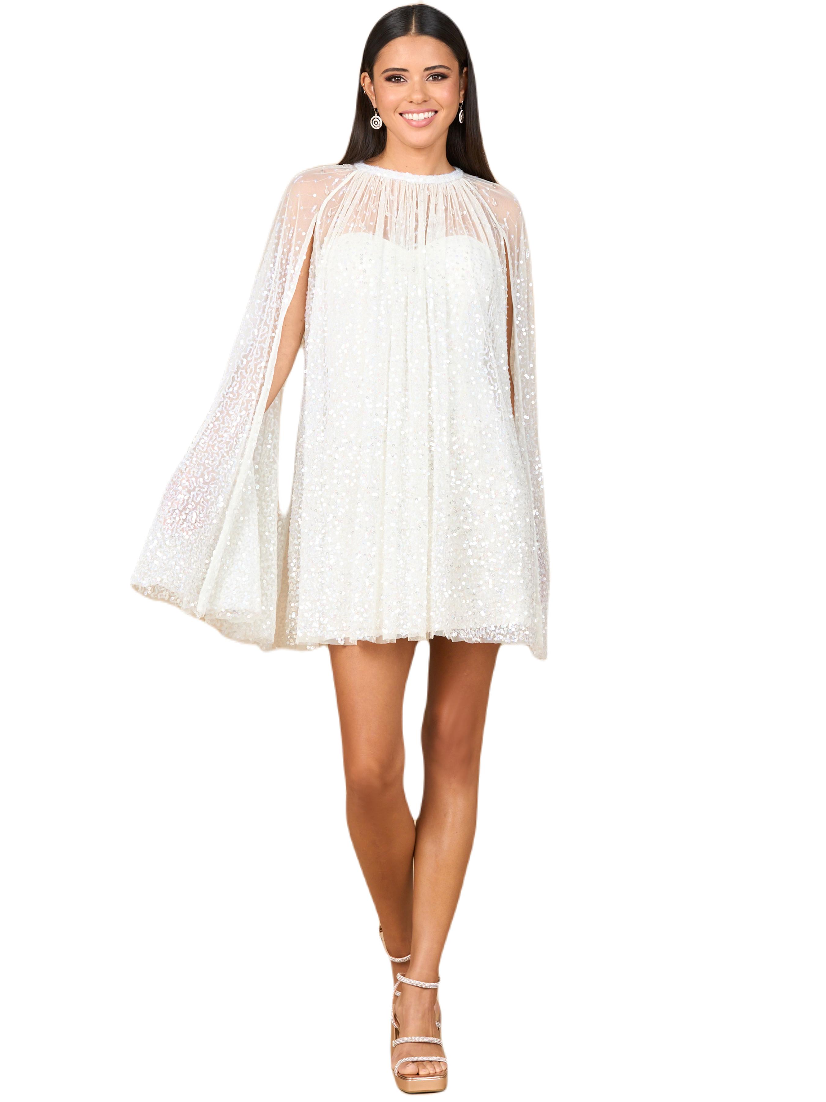 lara eve beaded cape wedding dress New York Bridal in White Neck Lace Gown