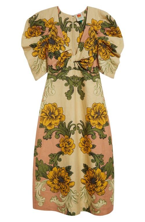farm rio floral arabesque linen midi-dress Farm Rio Delicate Flower Arabesques Short Sleeve Midi Dress Delicate Flower Arabesques / M