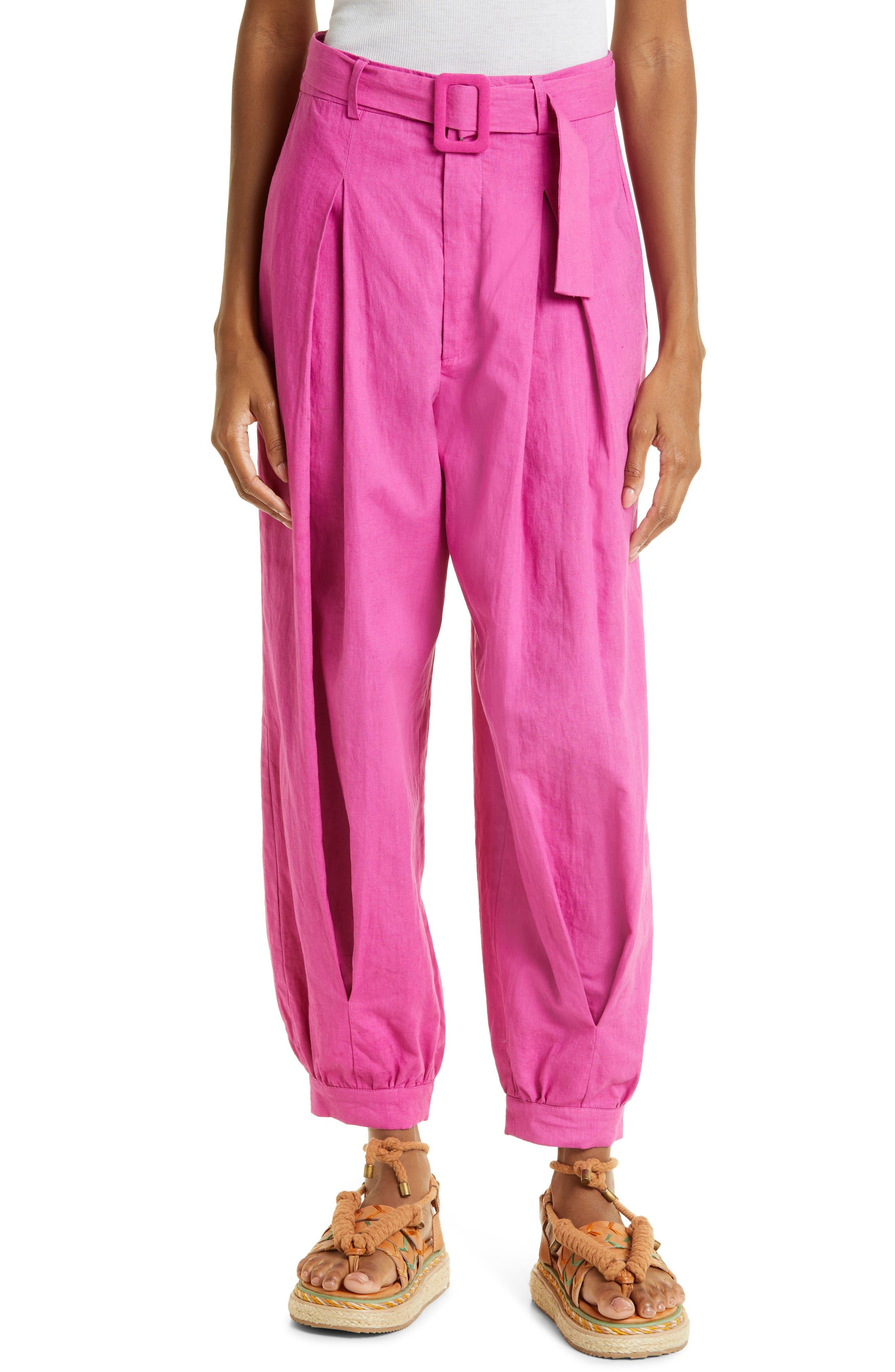 FARM Rio Belted Linen Pants in Pink | Lyst
