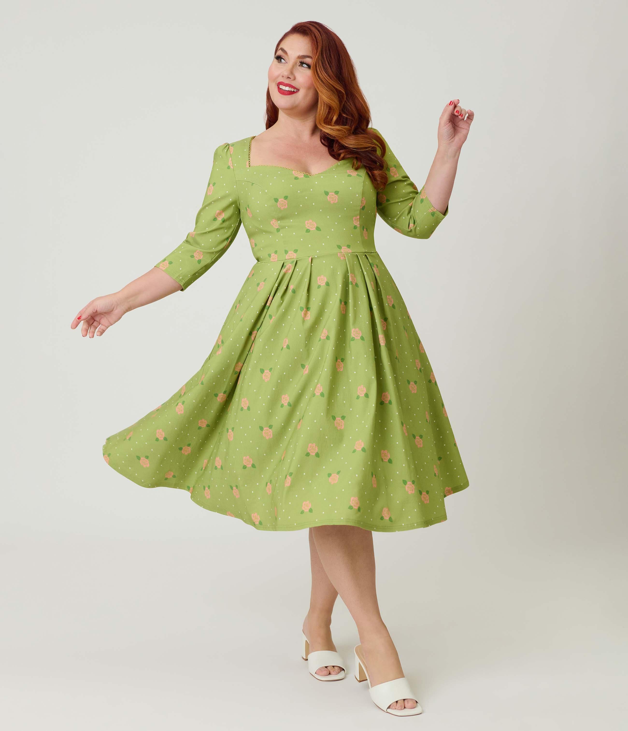 unique vintage green dress Plus Size Sweetheart Swing in tea length