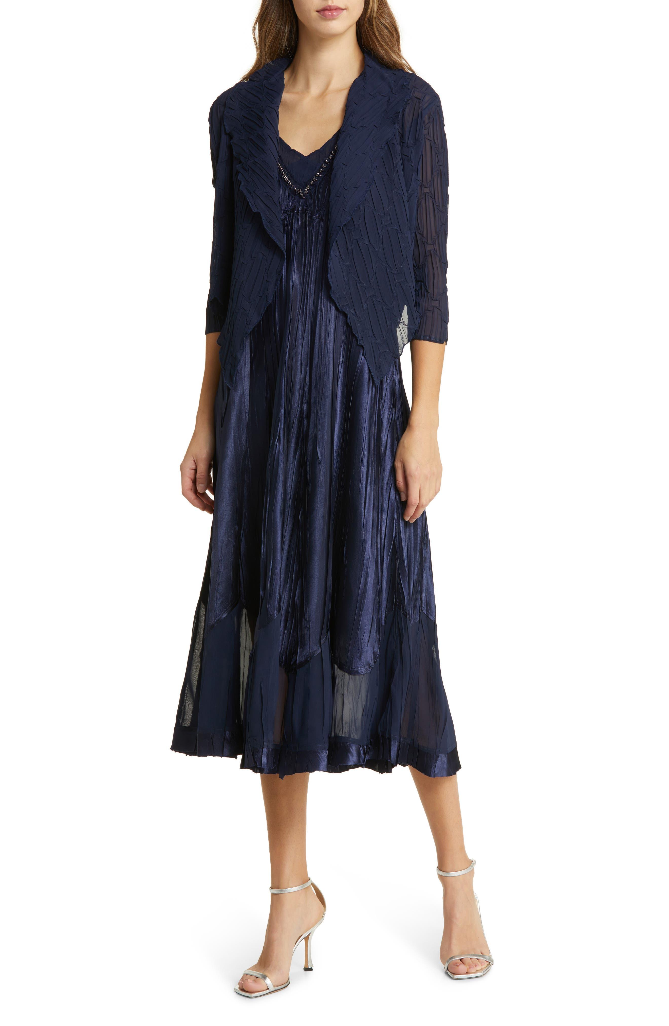 Komarov Beaded Charmeuse Chiffon Tiered Dress With Jacket in