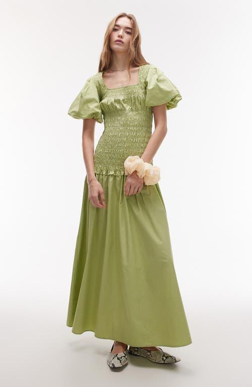 TOPSHOP Puff Sleeve Smocked Drop-Waist Cotton Maxi Dress in Green | Lyst