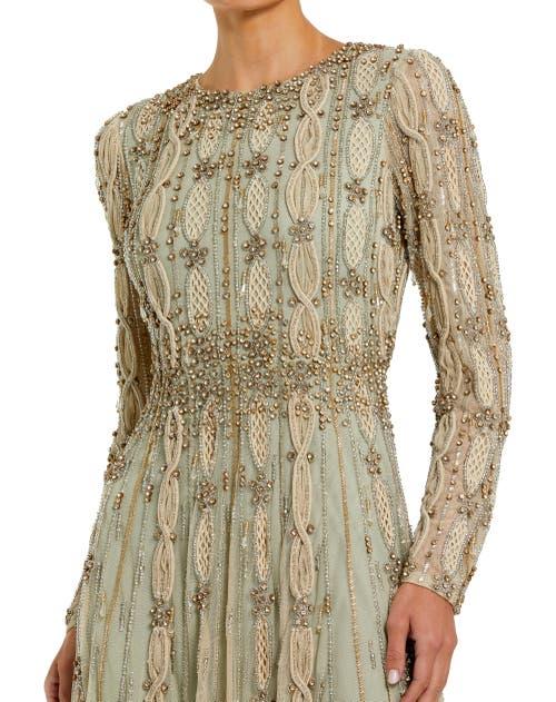 Mac Duggal Embellished Mesh Long Sleeve A Line Gown in Natural | Lyst