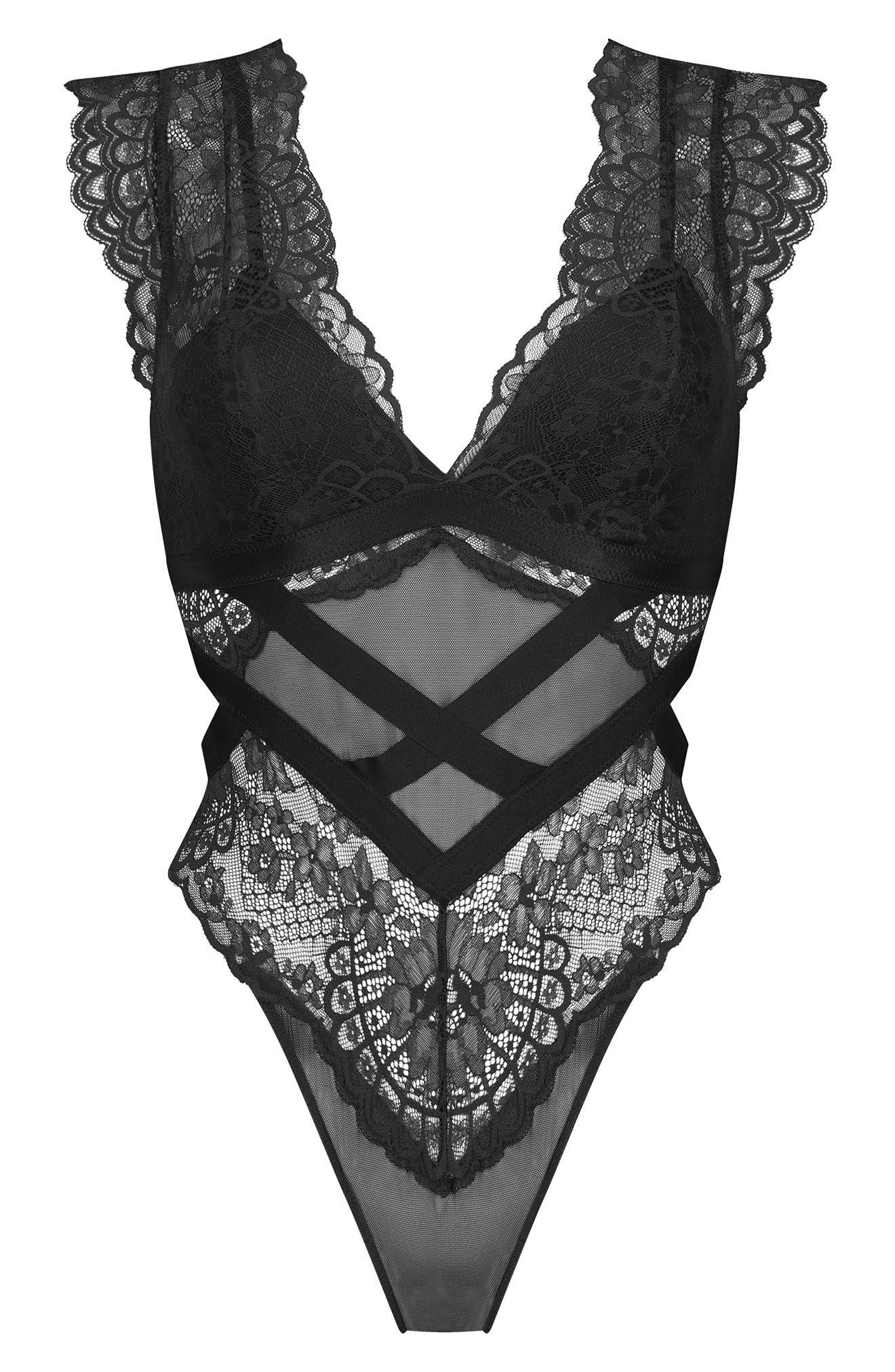 Hunkemoller Cora lace and mesh underwired thong bodysuit in black