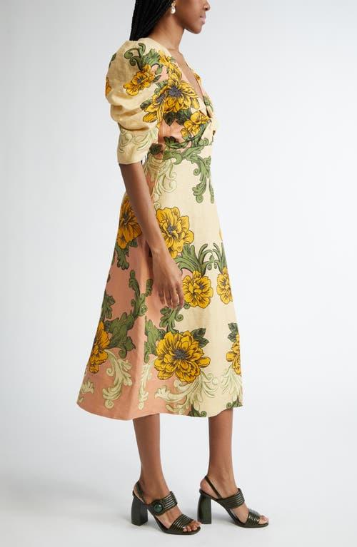 FARM Rio Delicate Flower Arabesques Linen Midi Dress in Yellow | Lyst