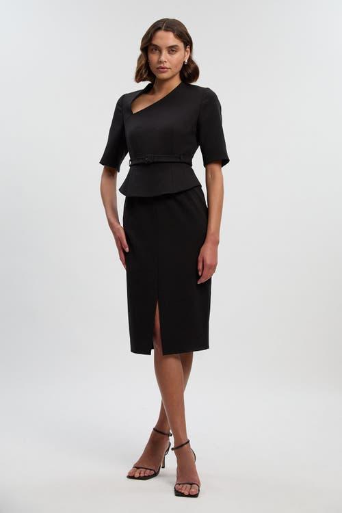 Karen Millen Asymmetric Neck Belted Pencil Midi Dress in Black | Lyst