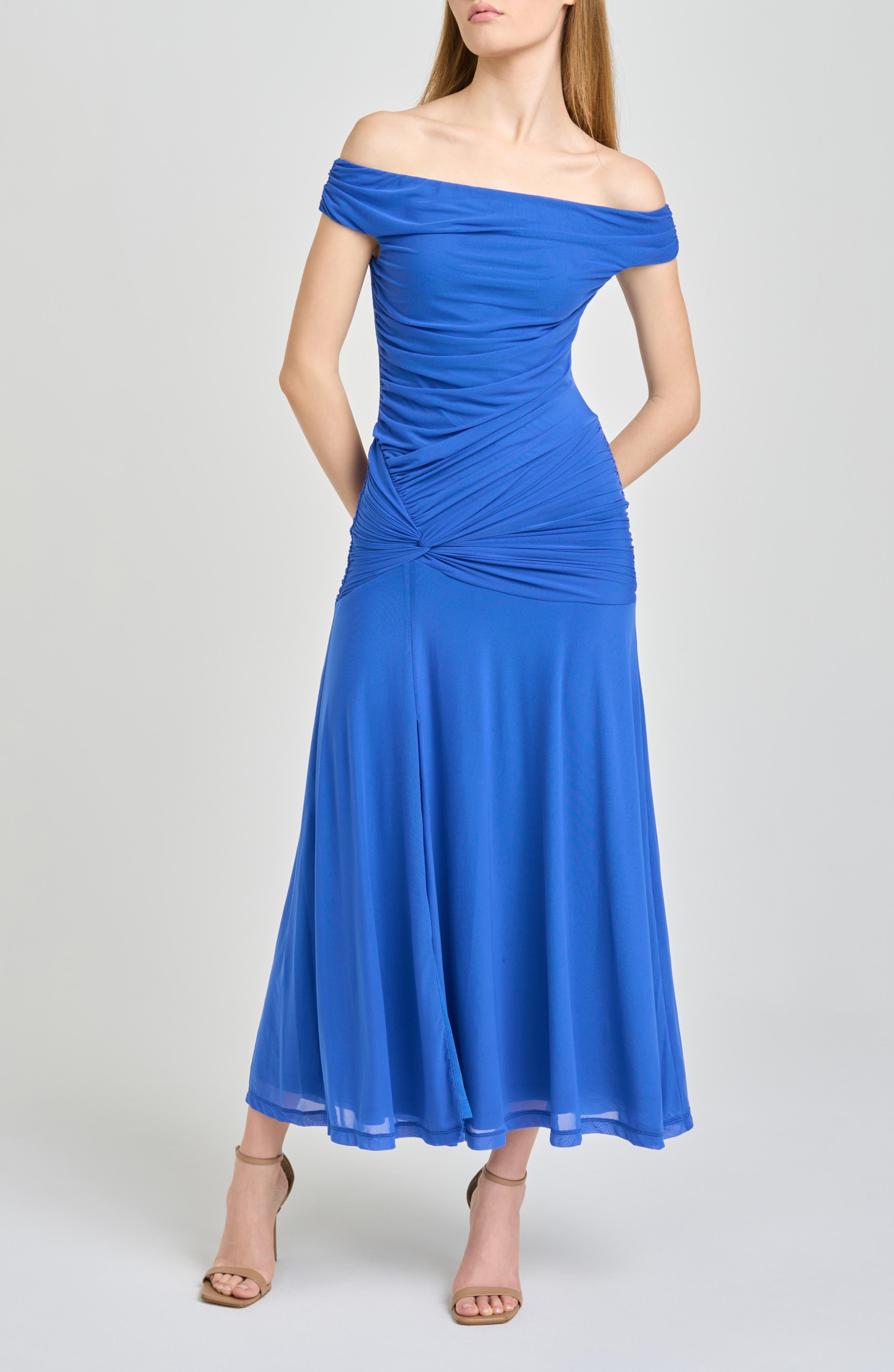 blue off the shoulder dress nordstrom Wayf Margaux Ruched in SIZE:4T (28) while the mesh outer Sleeve Length:SLEEVELESS Long Cool Woman –