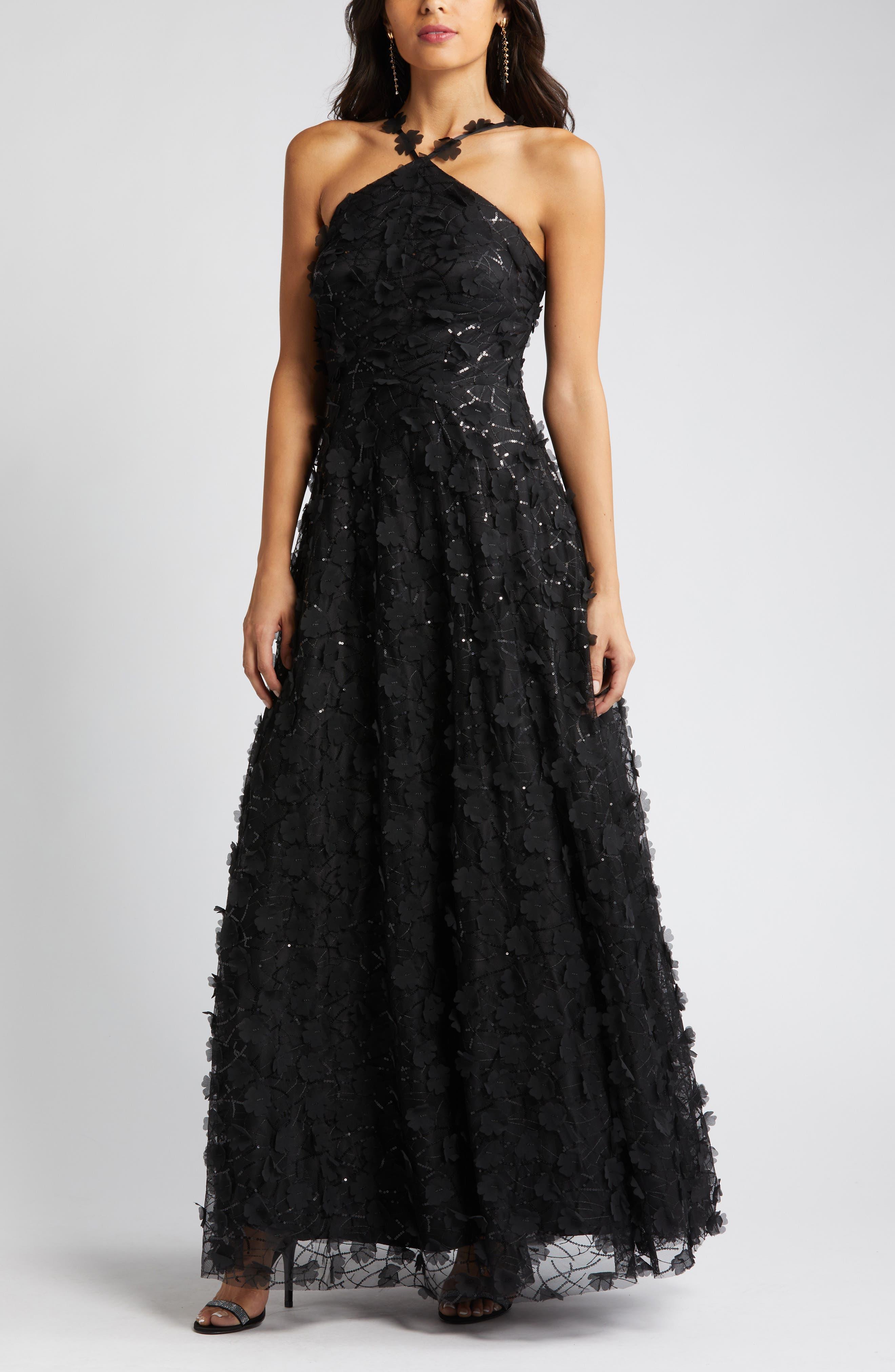 Eliza J Floating Flow Floral Sequin Halter Ballgown in Black | Lyst