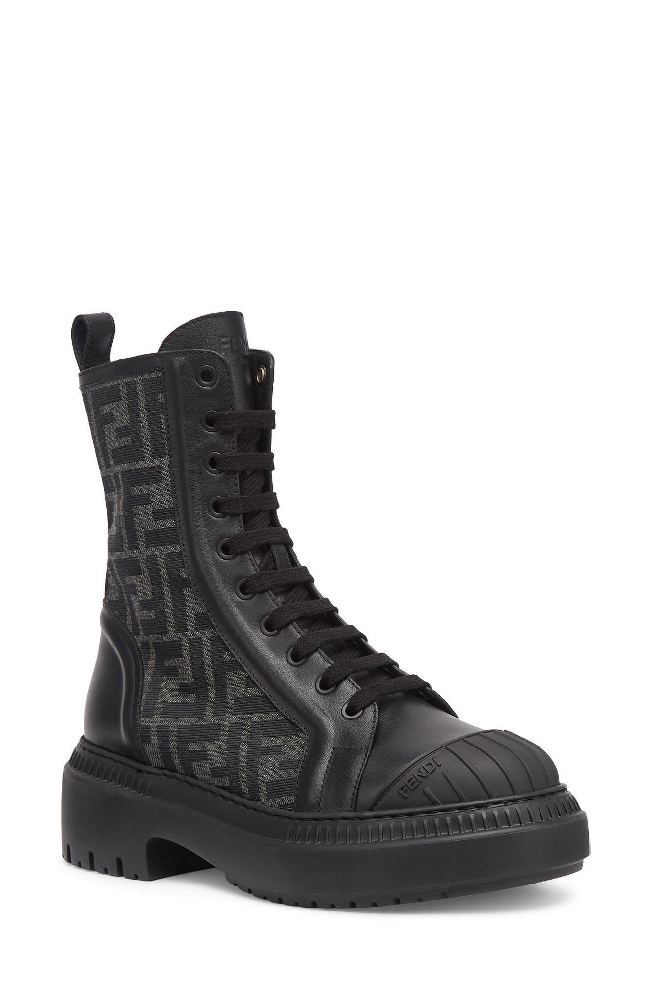 Fendi Leather Ff Domino Cap Toe Combat Boot in Black | Lyst