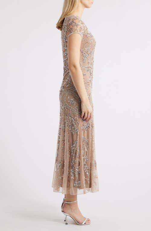 Pisarro Nights Beaded Mesh Midi Cocktail Dress in Brown | Lyst