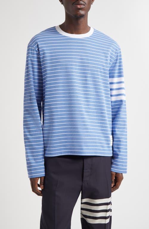 Thom Browne｜ (LONG SLEEVE TEE W/ 4 BAR STRIPE IN MILANO Thom Browne: Gray & White Milano 4-Bar Long Sleeve T-shirt