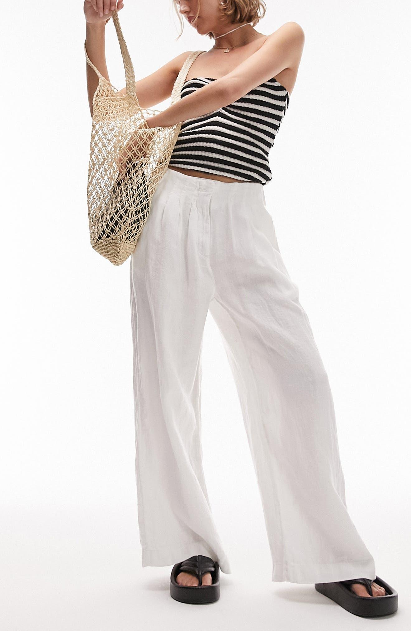 TOPSHOP Pleated Wide Leg Linen Trousers in White | Lyst