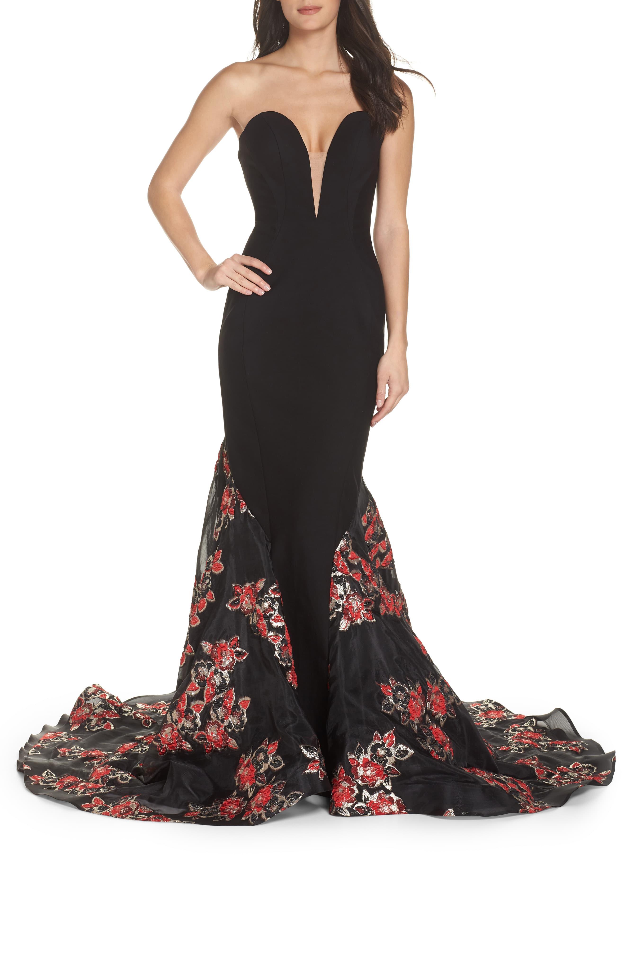Mac Duggal Plunge Floral Jacquard Mermaid Gown in Black ...