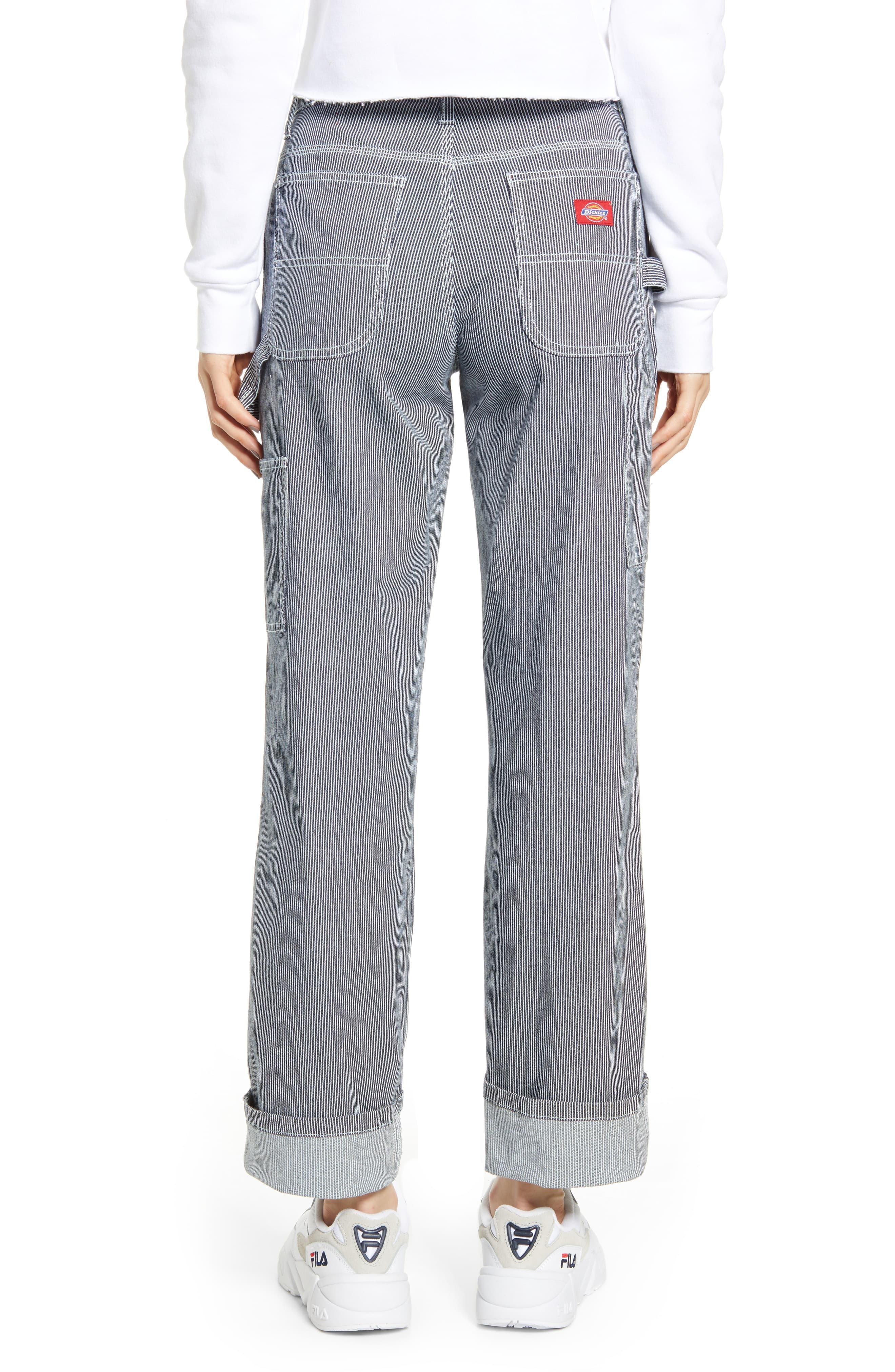 blue and white striped trousers