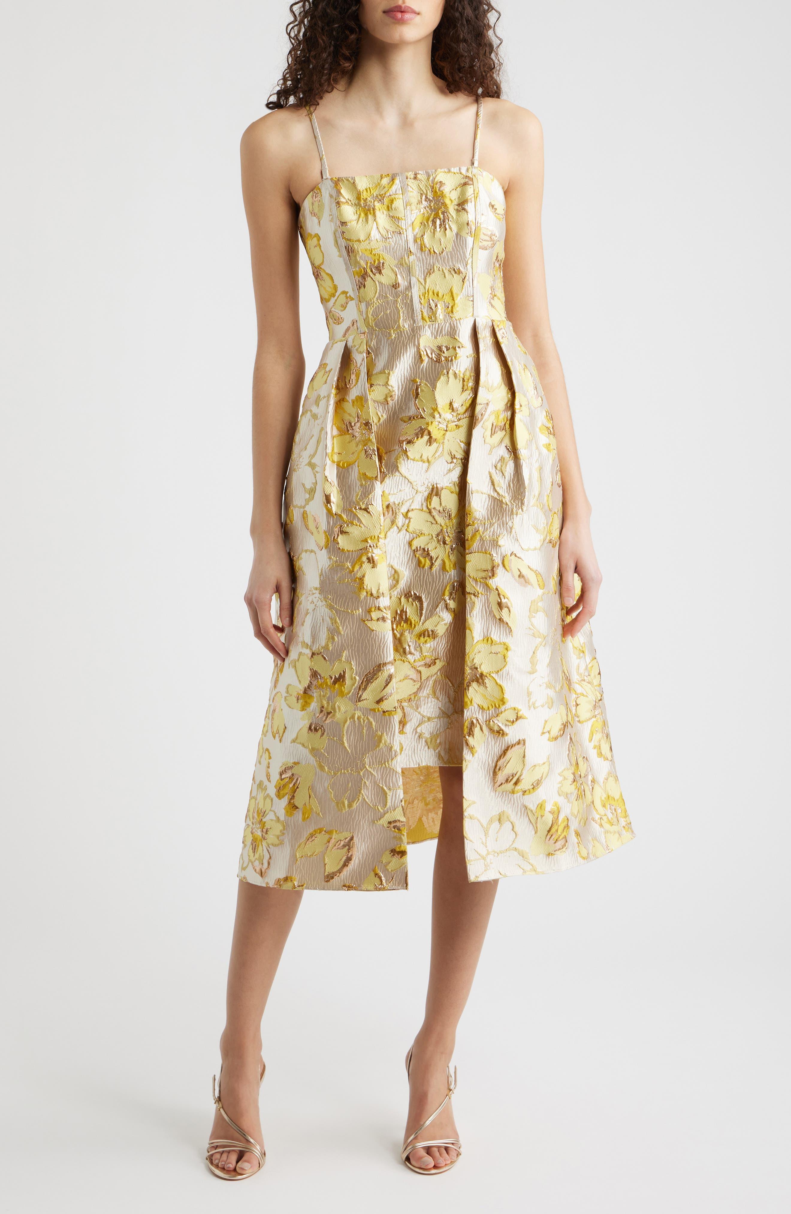 eliza j gold dress Metallic Floral Brocade Cocktail in Yellow Sequined Wedding Dresses