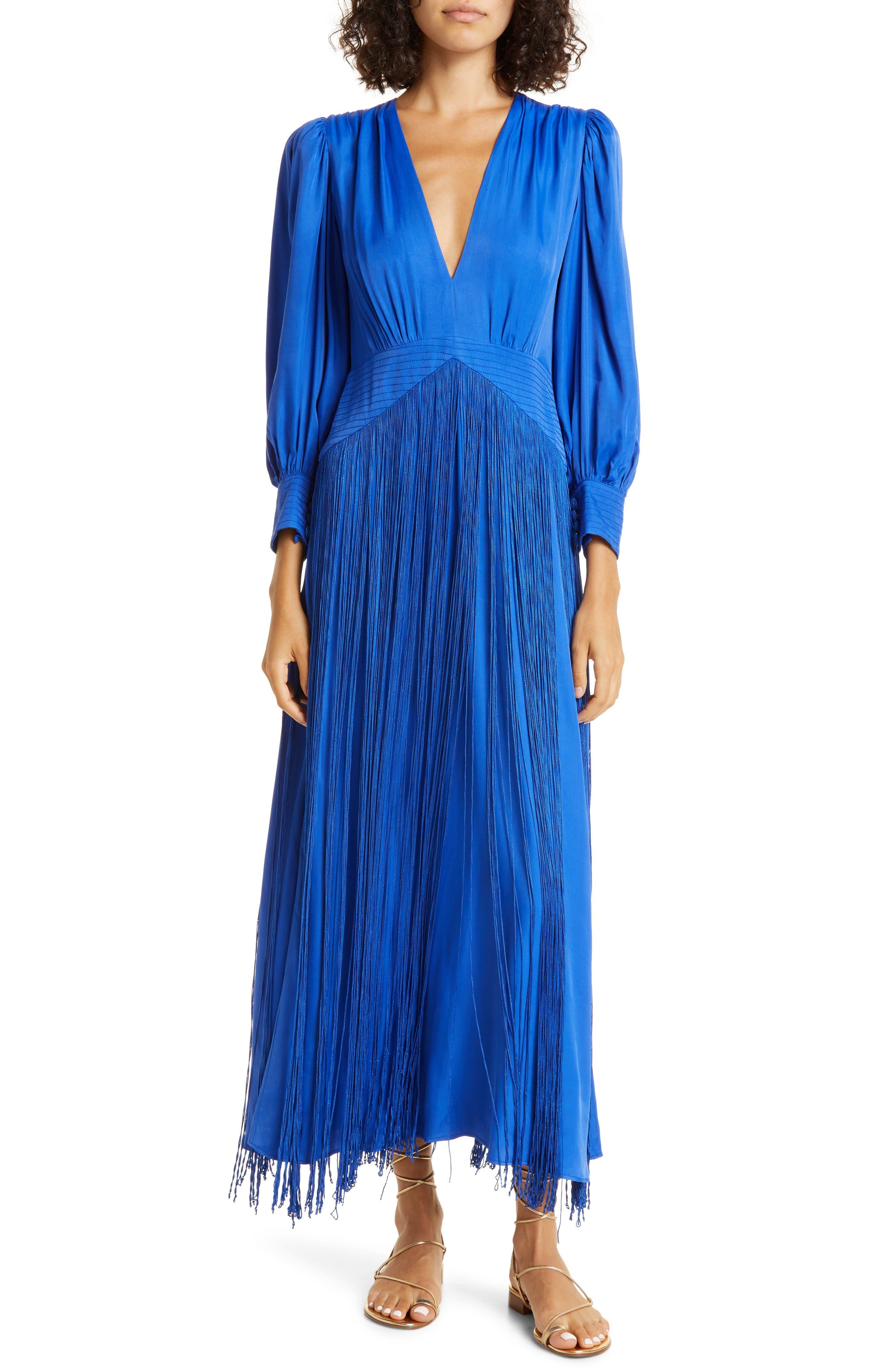 FARM Rio Fringe Long Sleeve Maxi Dress in Blue | Lyst