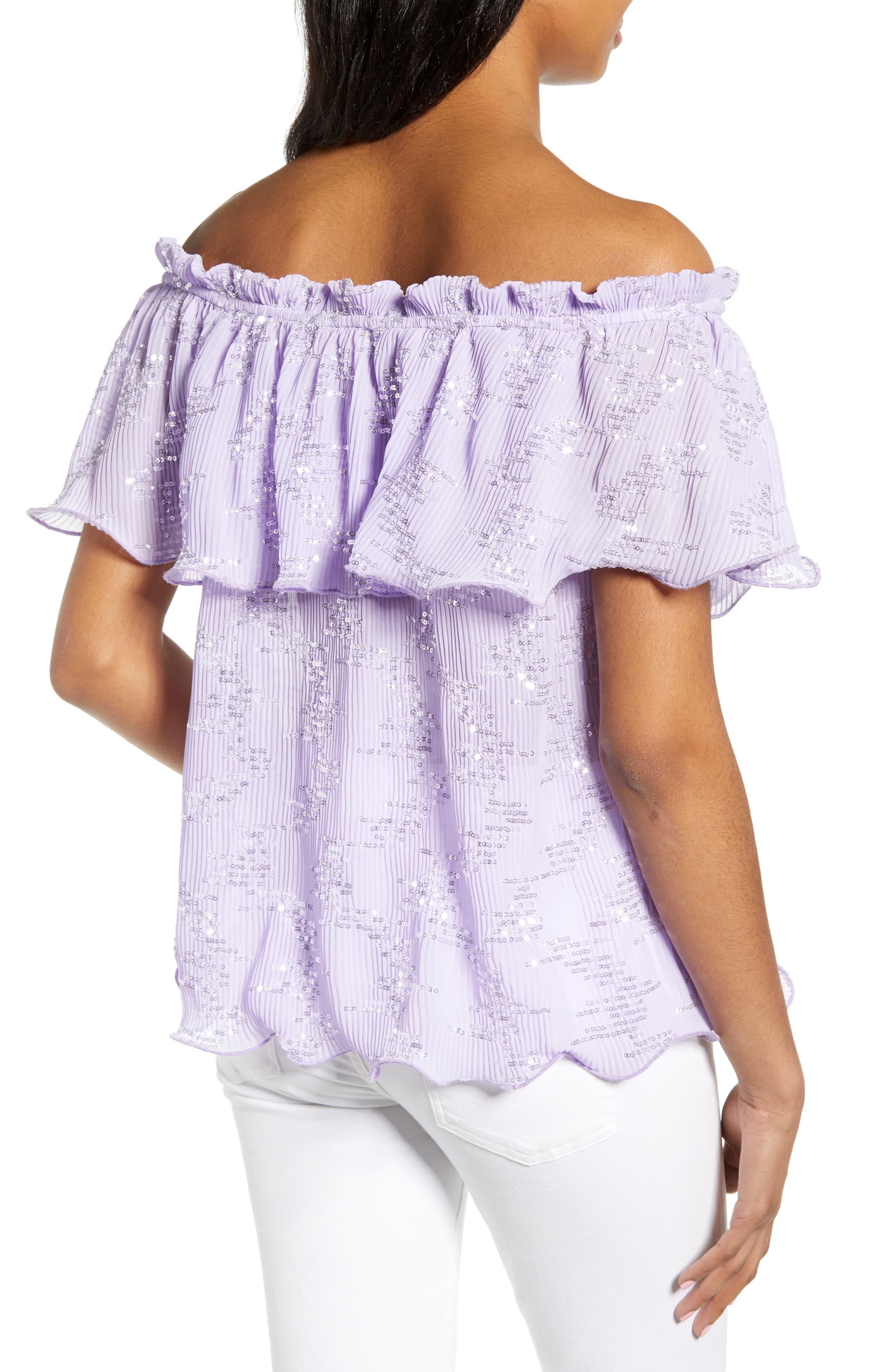 Endless Rose Chiffon Off The Shoulder Sequin Top in Purple Lyst