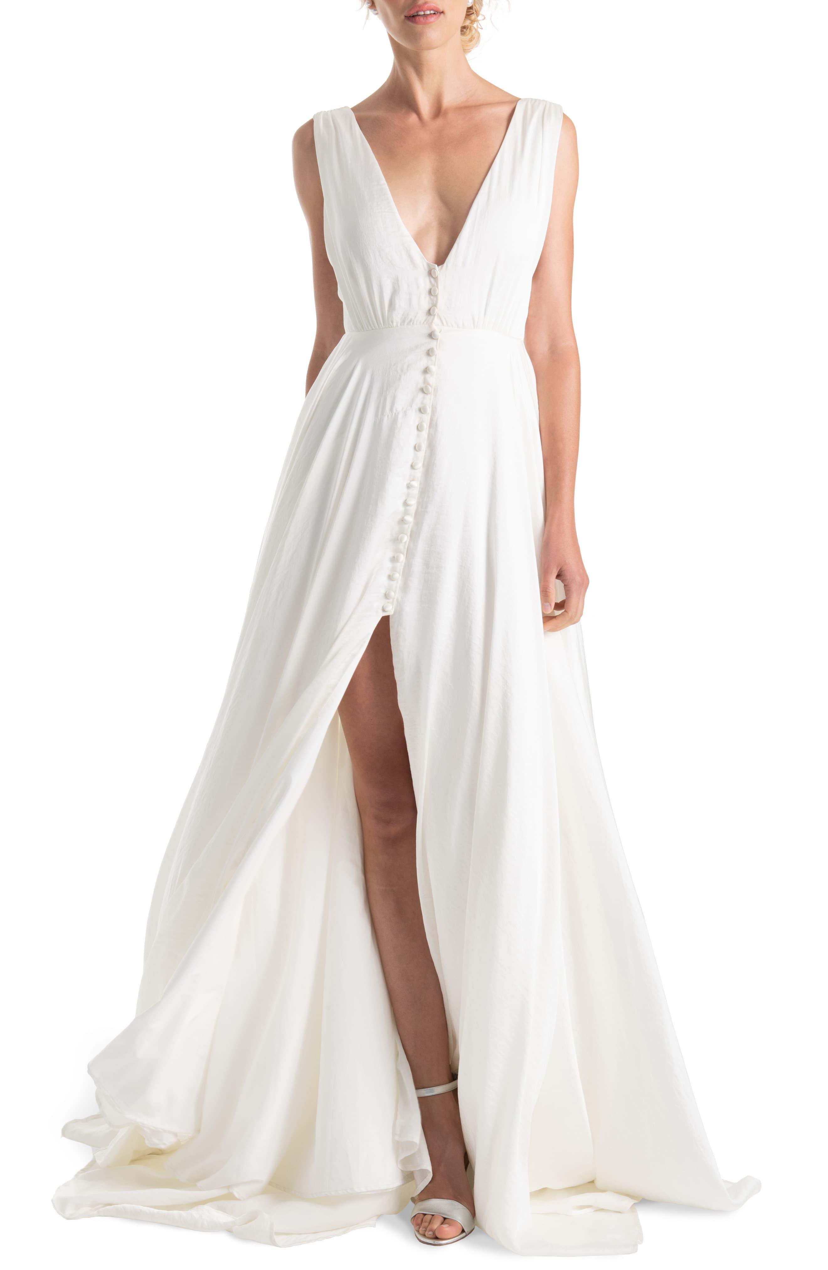 Joanna August Joplin Slit Front Button Up V Neck Wedding Dress In