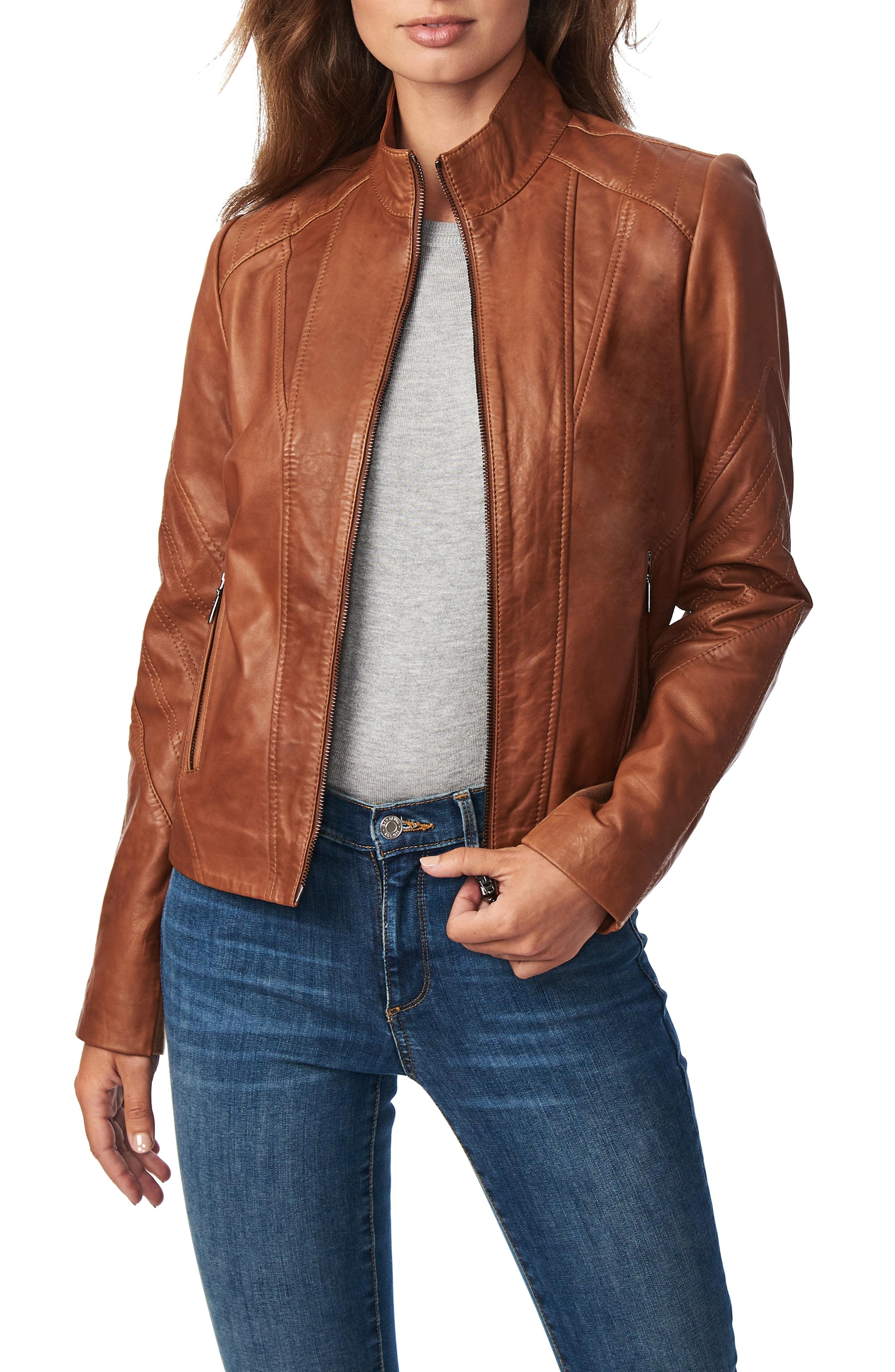 Bernardo Chevron Sleeve Sheepskin Leather Moto Jacket in