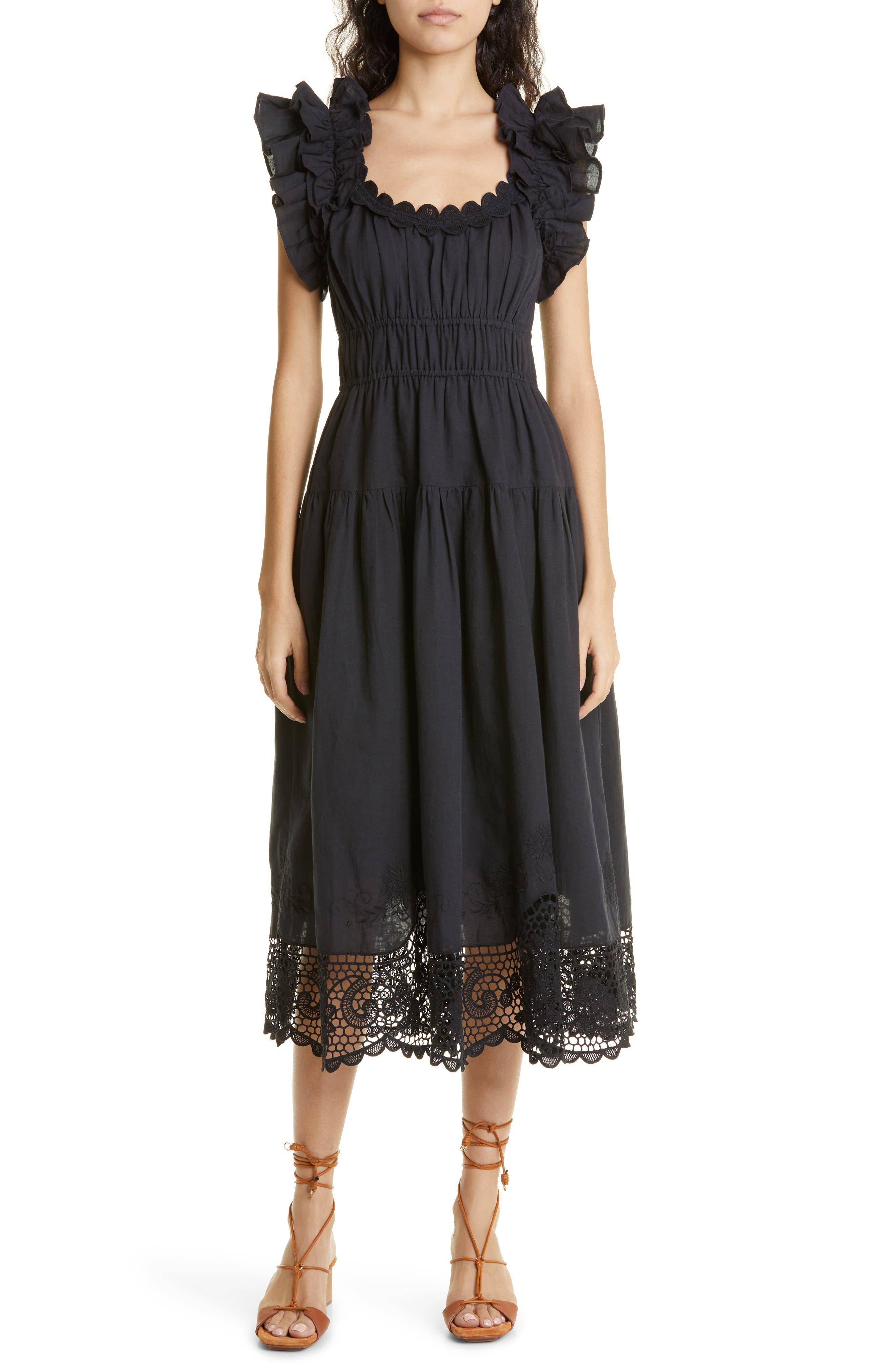 Ulla Johnson Leona Smocked Ruffle Linen Blend Midi Dress in Black Lyst