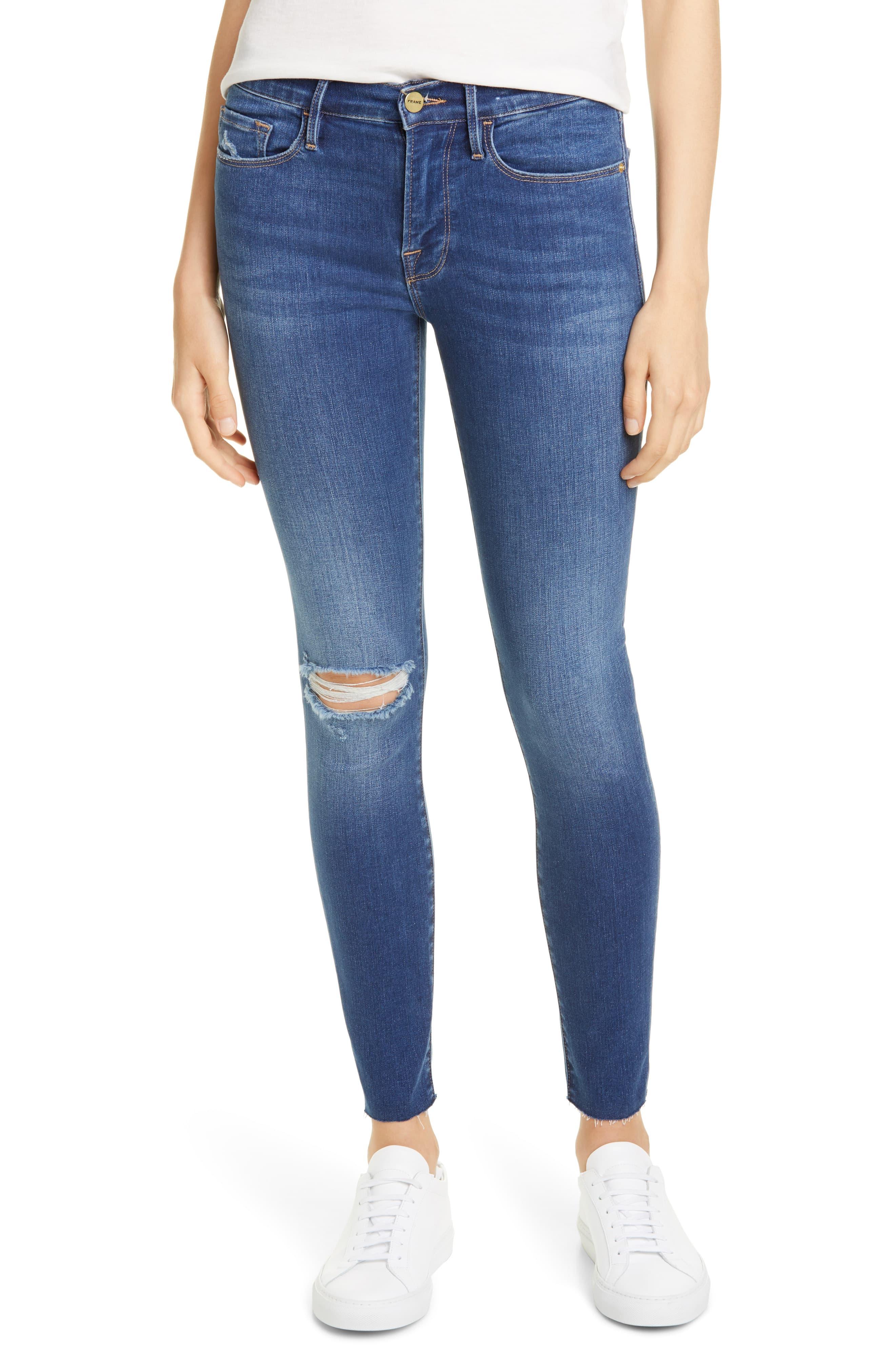 FRAME Denim Le Raw Edge Ripped Crop Skinny Jeans in Blue - Lyst